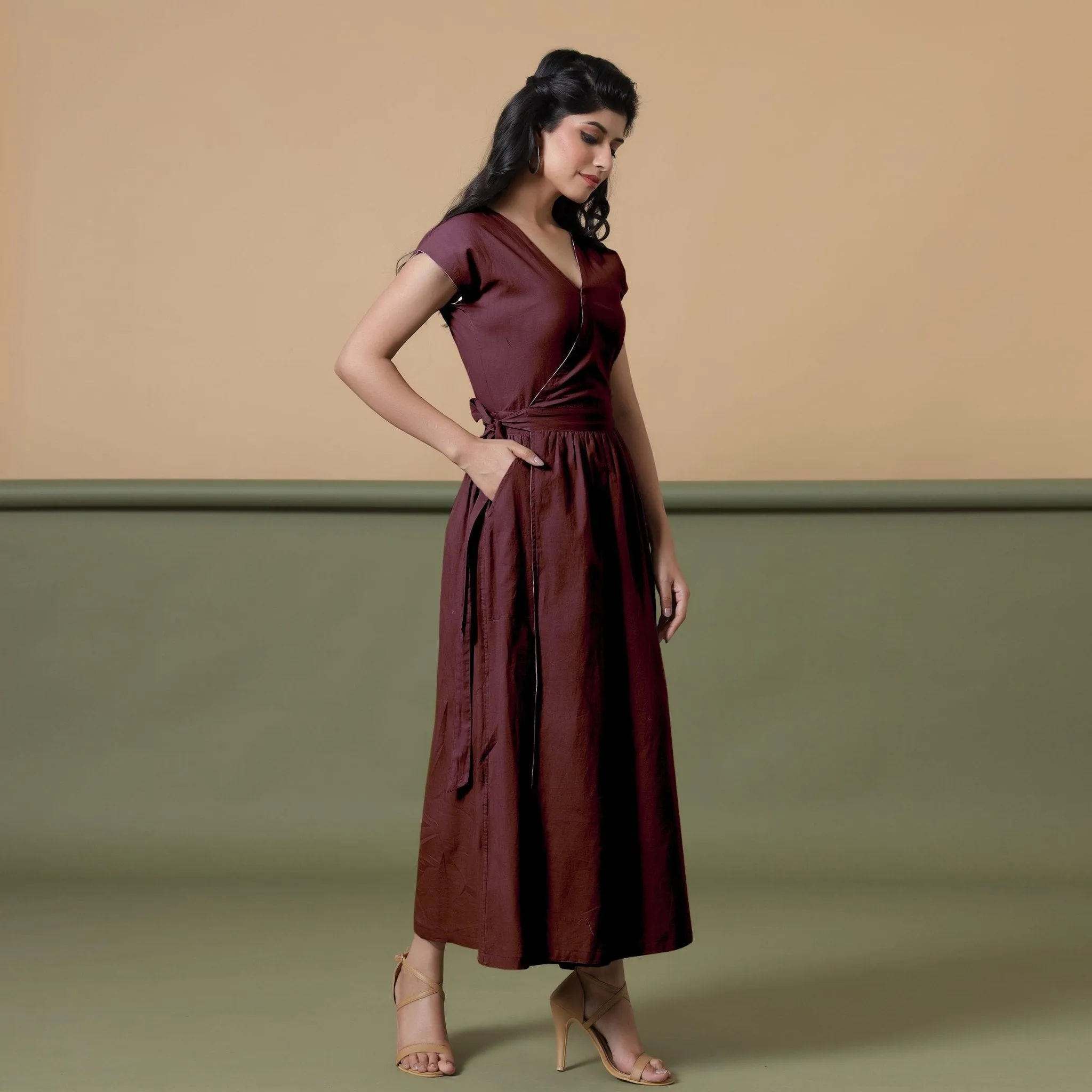 Reversible Maroon Tie-Dye Cotton V-Neck Maxi Wrap Dress