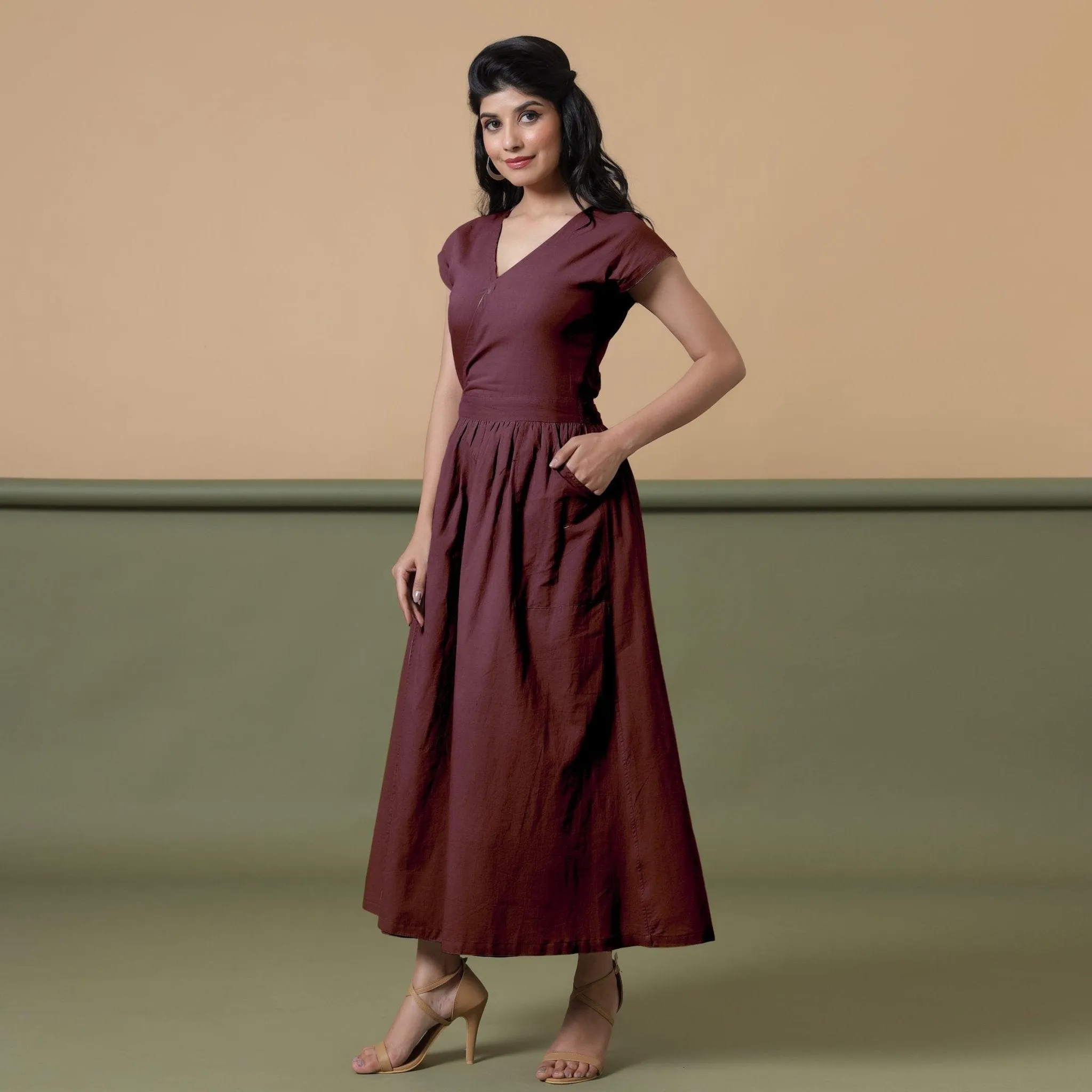 Reversible Maroon Tie-Dye Cotton V-Neck Maxi Wrap Dress