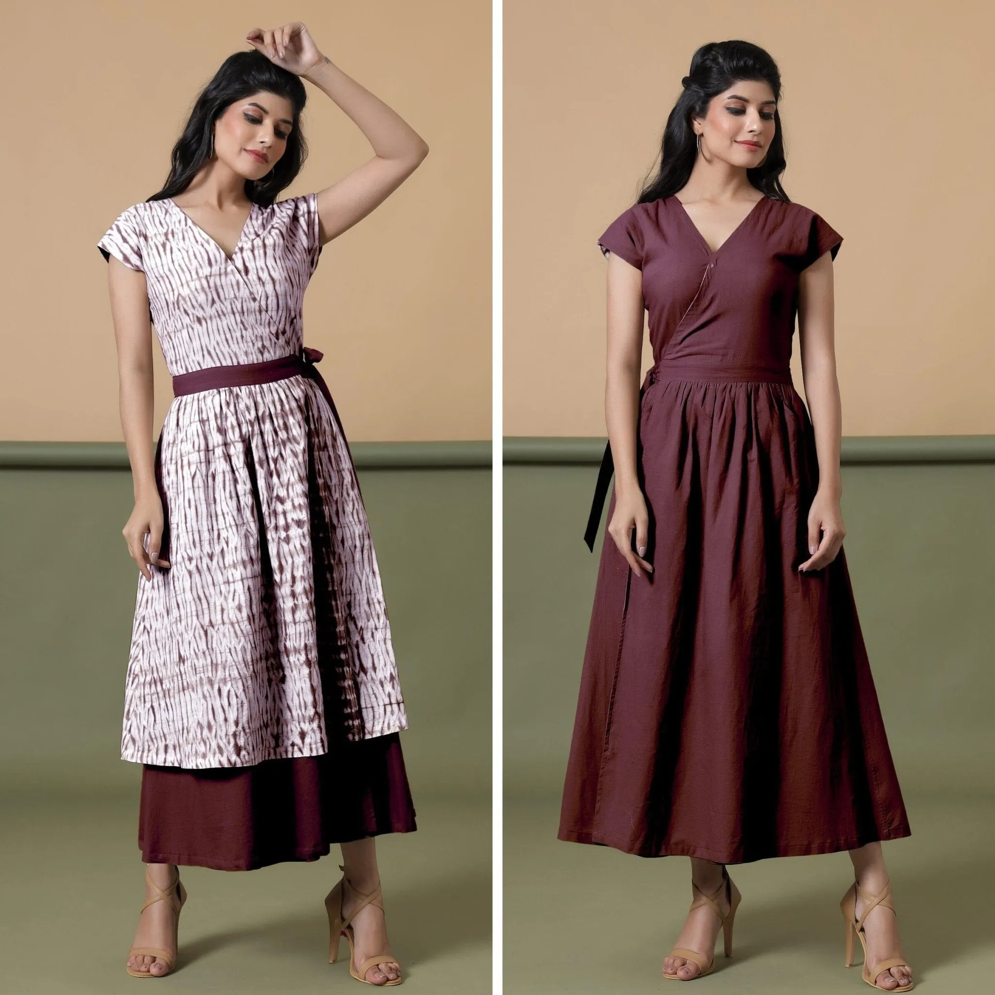 Reversible Maroon Tie-Dye Cotton V-Neck Maxi Wrap Dress