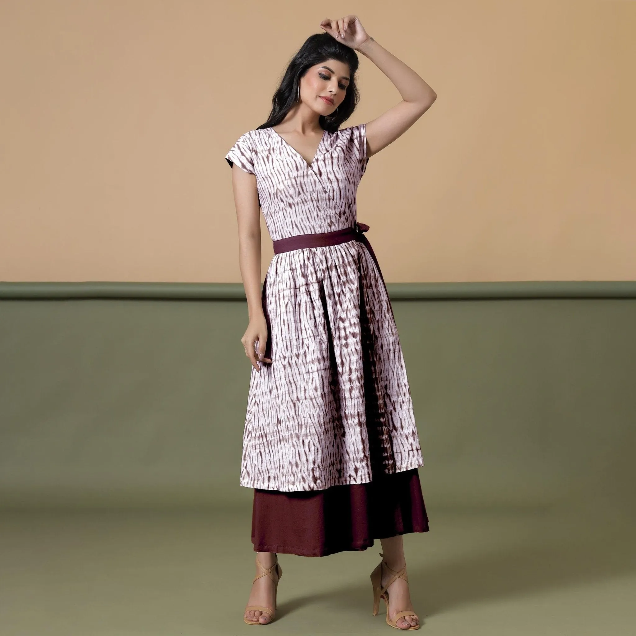 Reversible Maroon Tie-Dye Cotton V-Neck Maxi Wrap Dress
