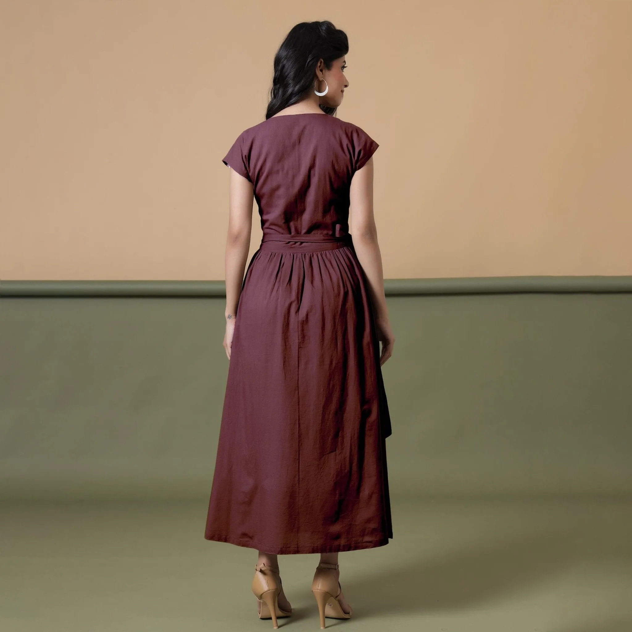 Reversible Maroon Tie-Dye Cotton V-Neck Maxi Wrap Dress
