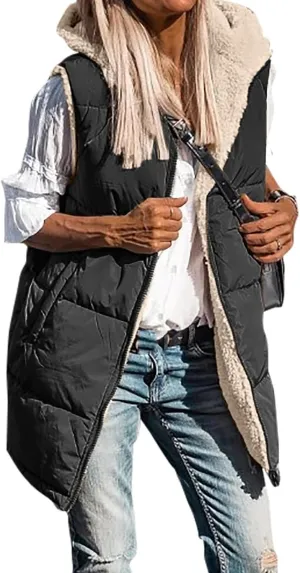 Reversible Puffer Vest Women, Long Vest for Women Sleeveless Fleece Jacket Zip Up Hoodie Quilted Vest Winter Coat