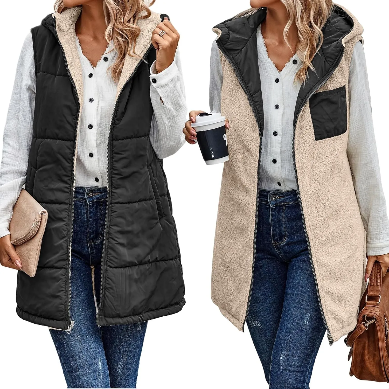Reversible Puffer Vest Women, Long Vest for Women Sleeveless Fleece Jacket Zip Up Hoodie Quilted Vest Winter Coat