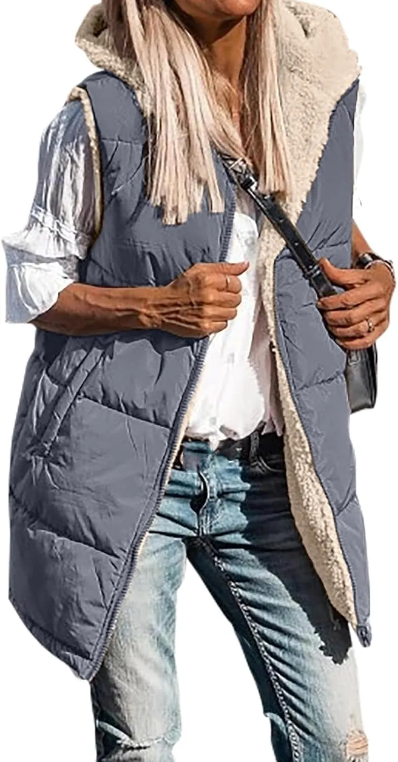 Reversible Puffer Vest Women, Long Vest for Women Sleeveless Fleece Jacket Zip Up Hoodie Quilted Vest Winter Coat