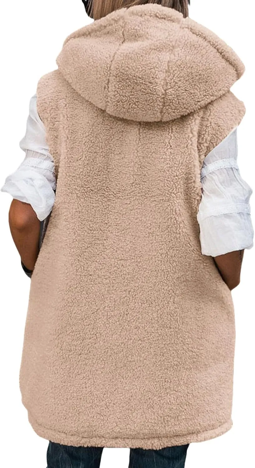 Reversible Puffer Vest Women, Long Vest for Women Sleeveless Fleece Jacket Zip Up Hoodie Quilted Vest Winter Coat