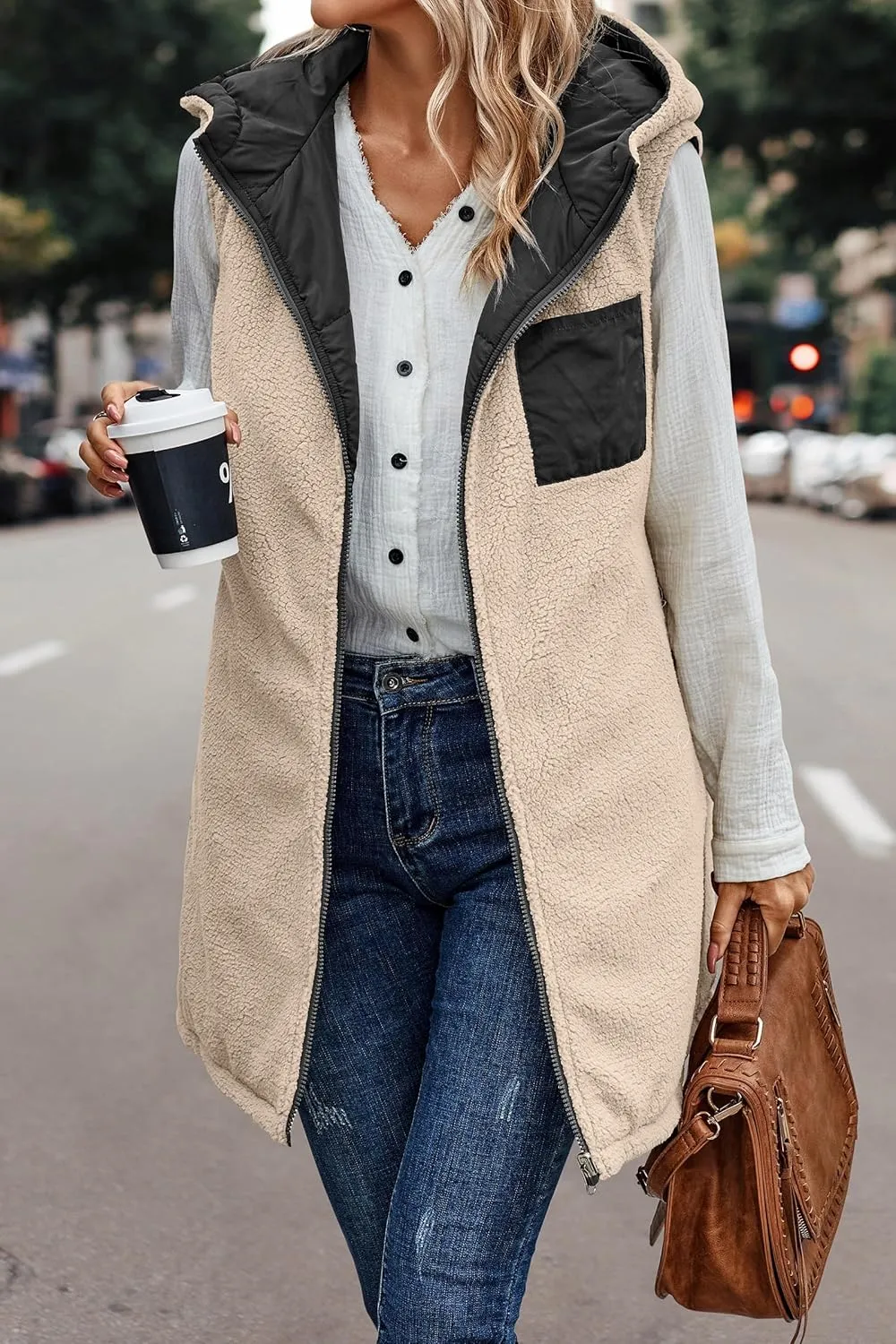 Reversible Puffer Vest Women, Long Vest for Women Sleeveless Fleece Jacket Zip Up Hoodie Quilted Vest Winter Coat