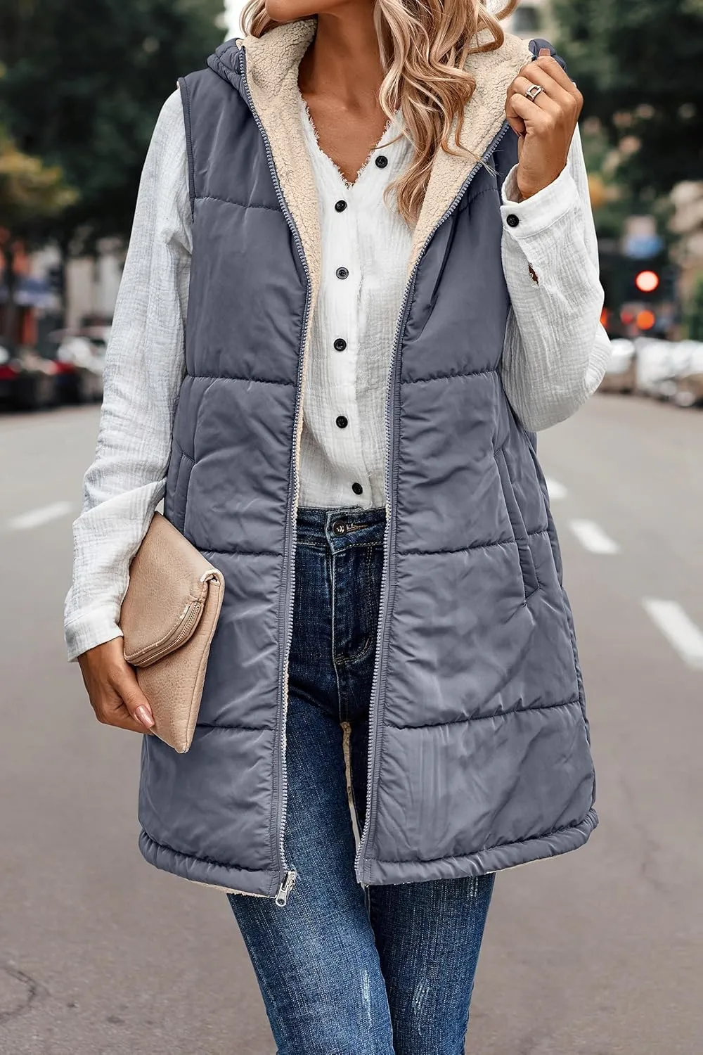 Reversible Puffer Vest Women, Long Vest for Women Sleeveless Fleece Jacket Zip Up Hoodie Quilted Vest Winter Coat