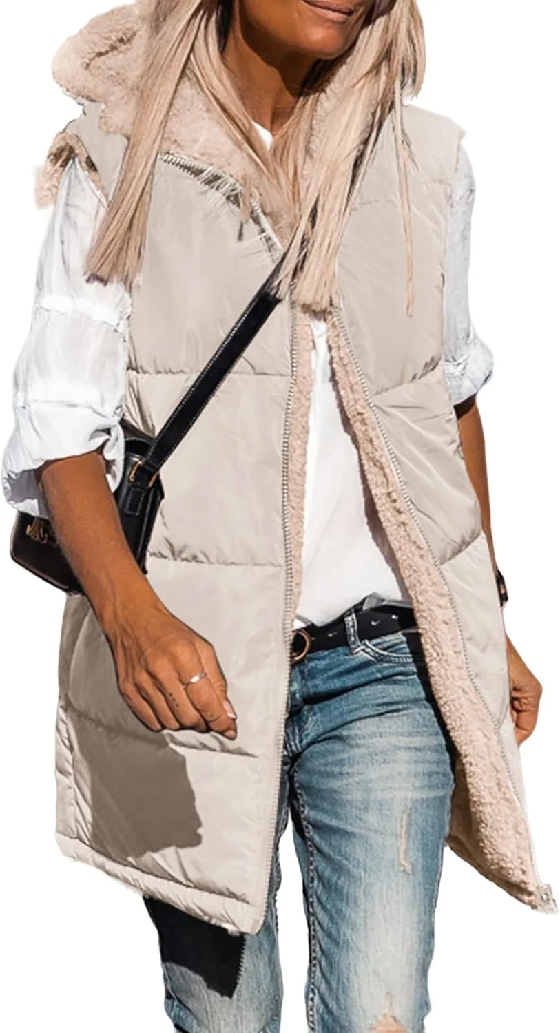 Reversible Puffer Vest Women, Long Vest for Women Sleeveless Fleece Jacket Zip Up Hoodie Quilted Vest Winter Coat