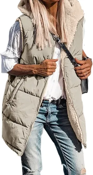 Reversible Puffer Vest Women, Long Vest for Women Sleeveless Fleece Jacket Zip Up Hoodie Quilted Vest Winter Coat