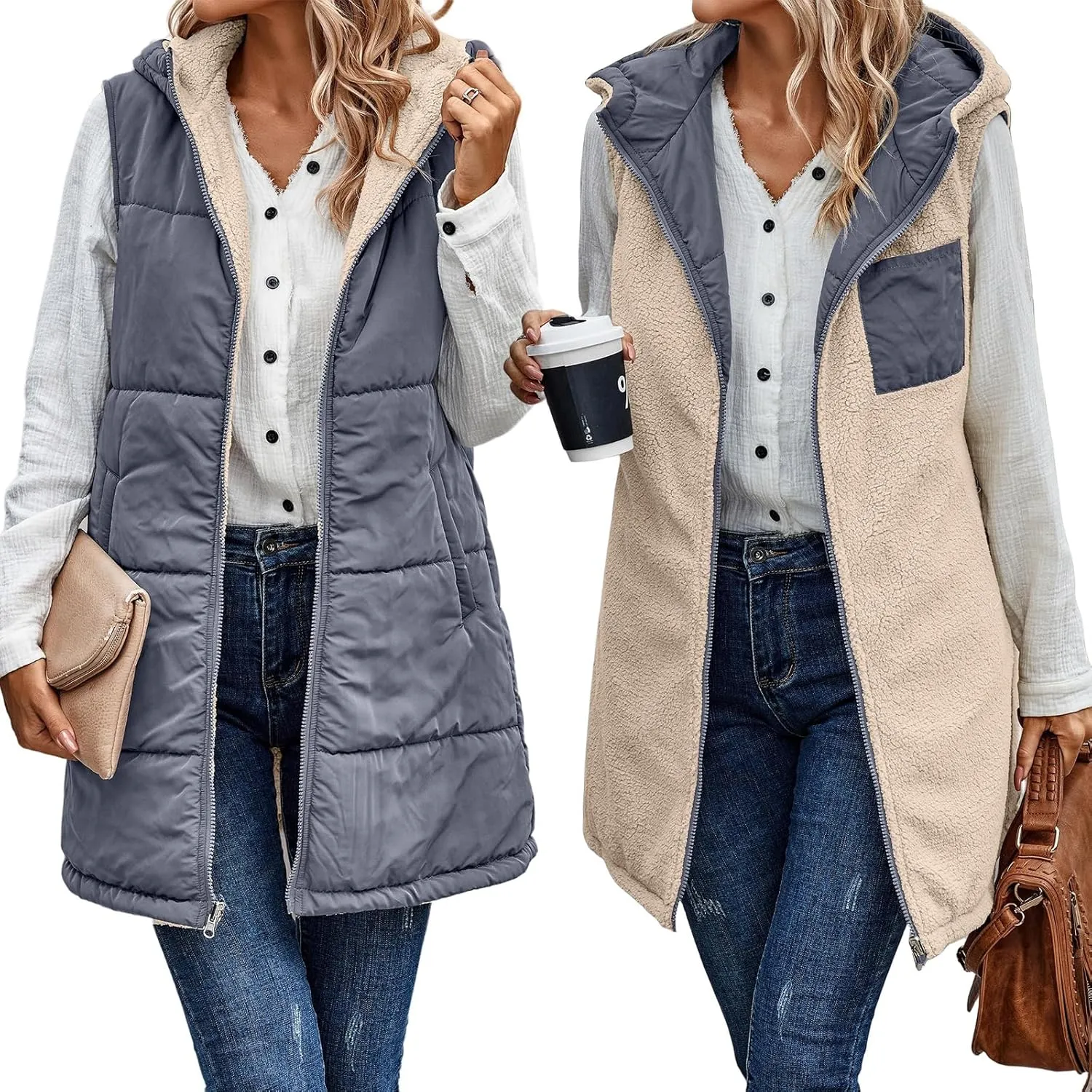 Reversible Puffer Vest Women, Long Vest for Women Sleeveless Fleece Jacket Zip Up Hoodie Quilted Vest Winter Coat