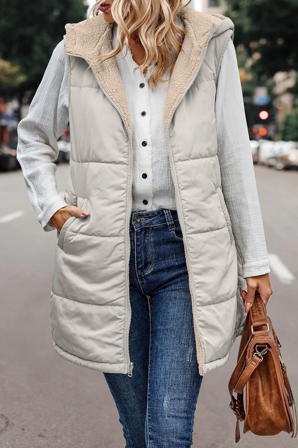 Reversible Puffer Vest Women, Long Vest for Women Sleeveless Fleece Jacket Zip Up Hoodie Quilted Vest Winter Coat