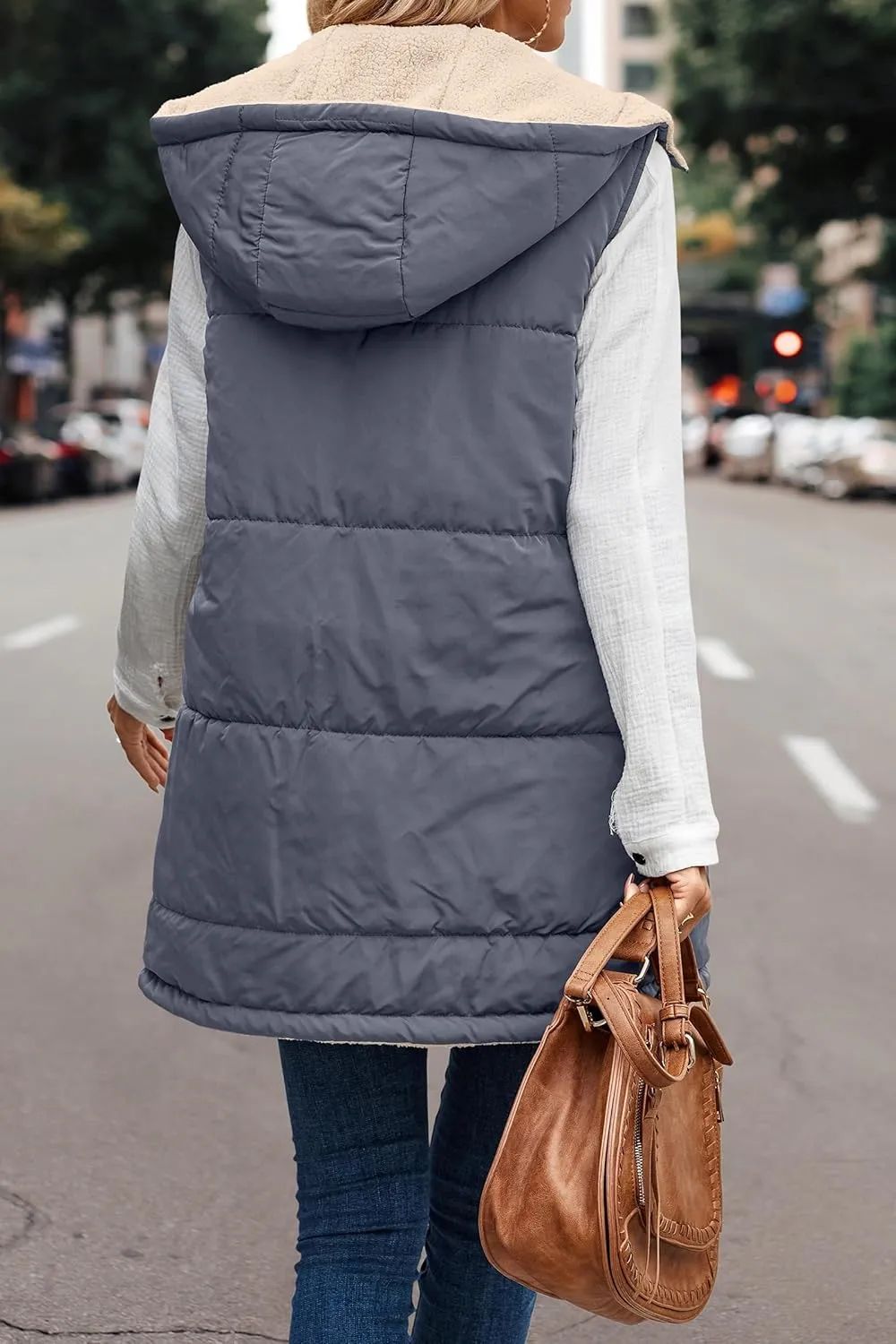 Reversible Puffer Vest Women, Long Vest for Women Sleeveless Fleece Jacket Zip Up Hoodie Quilted Vest Winter Coat
