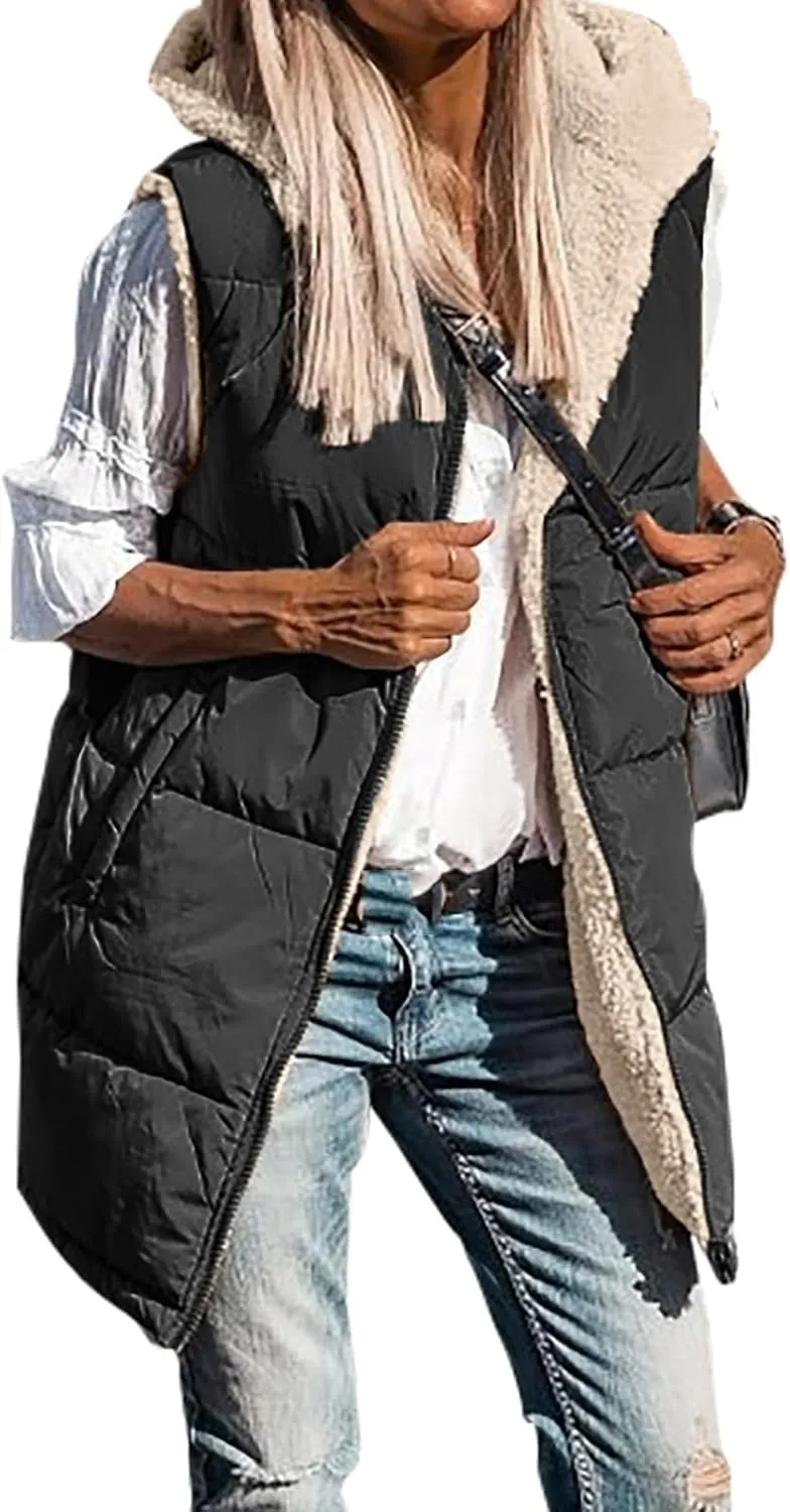 Reversible Puffer Vest Women, Long Vest for Women Sleeveless Fleece Jacket Zip Up Hoodie Quilted Vest Winter Coat
