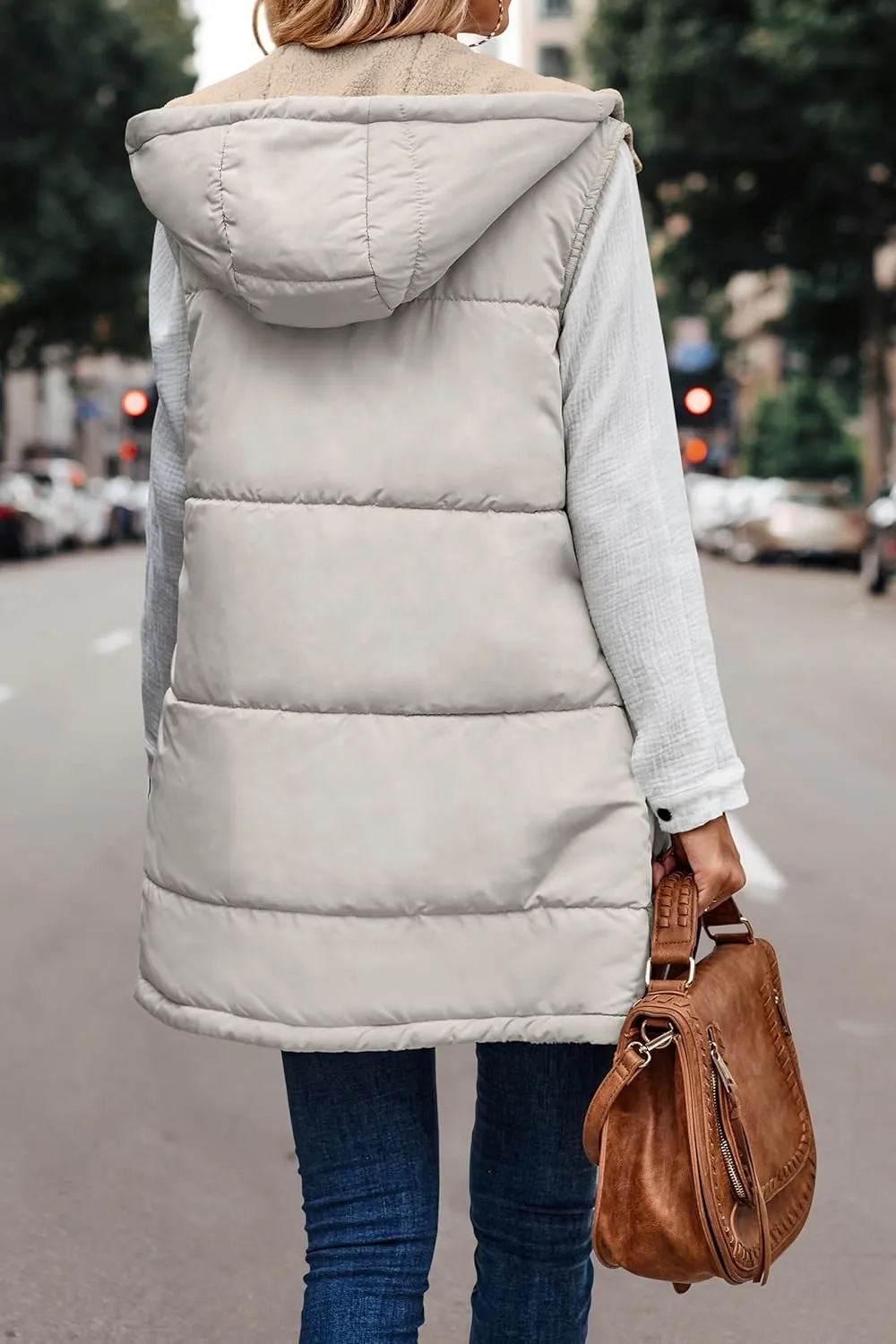 Reversible Puffer Vest Women, Long Vest for Women Sleeveless Fleece Jacket Zip Up Hoodie Quilted Vest Winter Coat