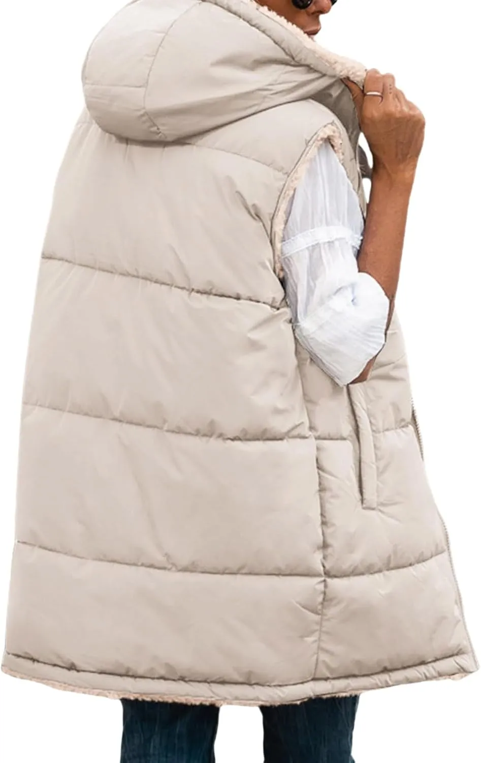 Reversible Puffer Vest Women, Long Vest for Women Sleeveless Fleece Jacket Zip Up Hoodie Quilted Vest Winter Coat