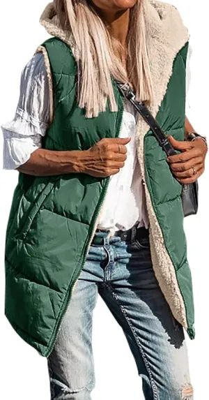 Reversible Puffer Vest Women, Long Vest for Women Sleeveless Fleece Jacket Zip Up Hoodie Quilted Vest Winter Coat