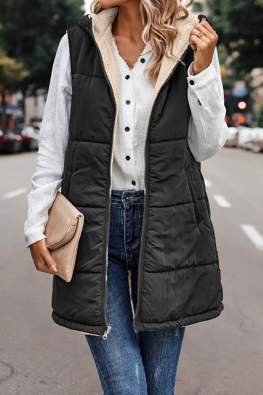 Reversible Puffer Vest Women, Long Vest for Women Sleeveless Fleece Jacket Zip Up Hoodie Quilted Vest Winter Coat