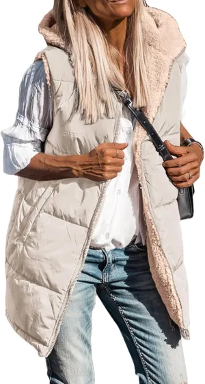 Reversible Puffer Vest Women, Long Vest for Women Sleeveless Fleece Jacket Zip Up Hoodie Quilted Vest Winter Coat