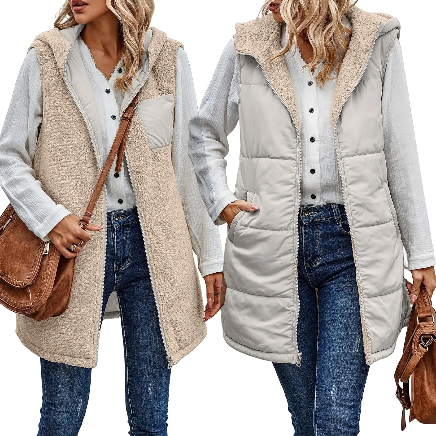 Reversible Puffer Vest Women, Long Vest for Women Sleeveless Fleece Jacket Zip Up Hoodie Quilted Vest Winter Coat