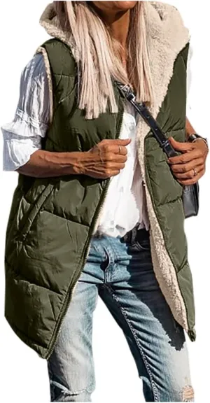 Reversible Puffer Vest Women, Long Vest for Women Sleeveless Fleece Jacket Zip Up Hoodie Quilted Vest Winter Coat