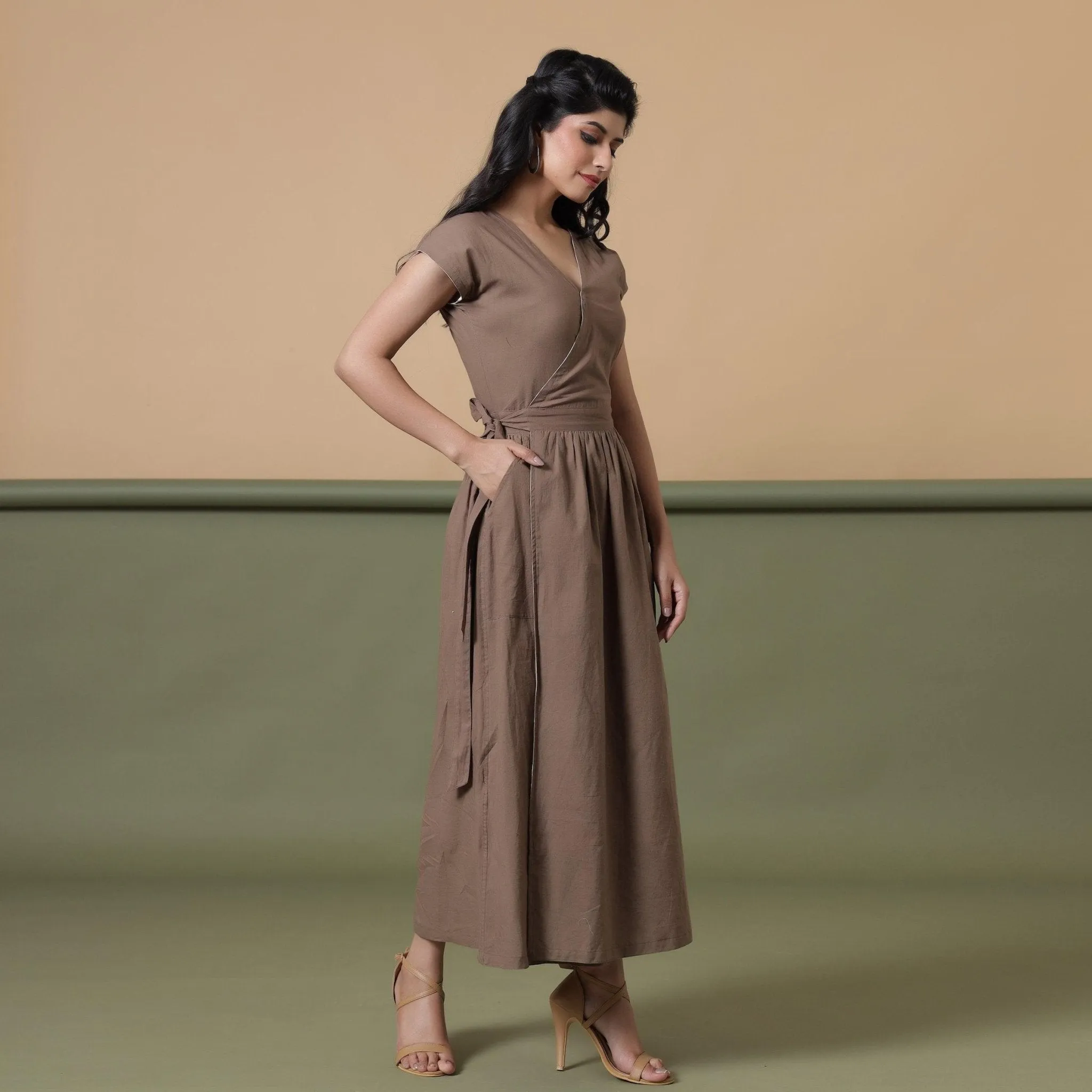 Reversible Taupe Tie-Dye Cotton V-Neck Maxi Wrap Dress