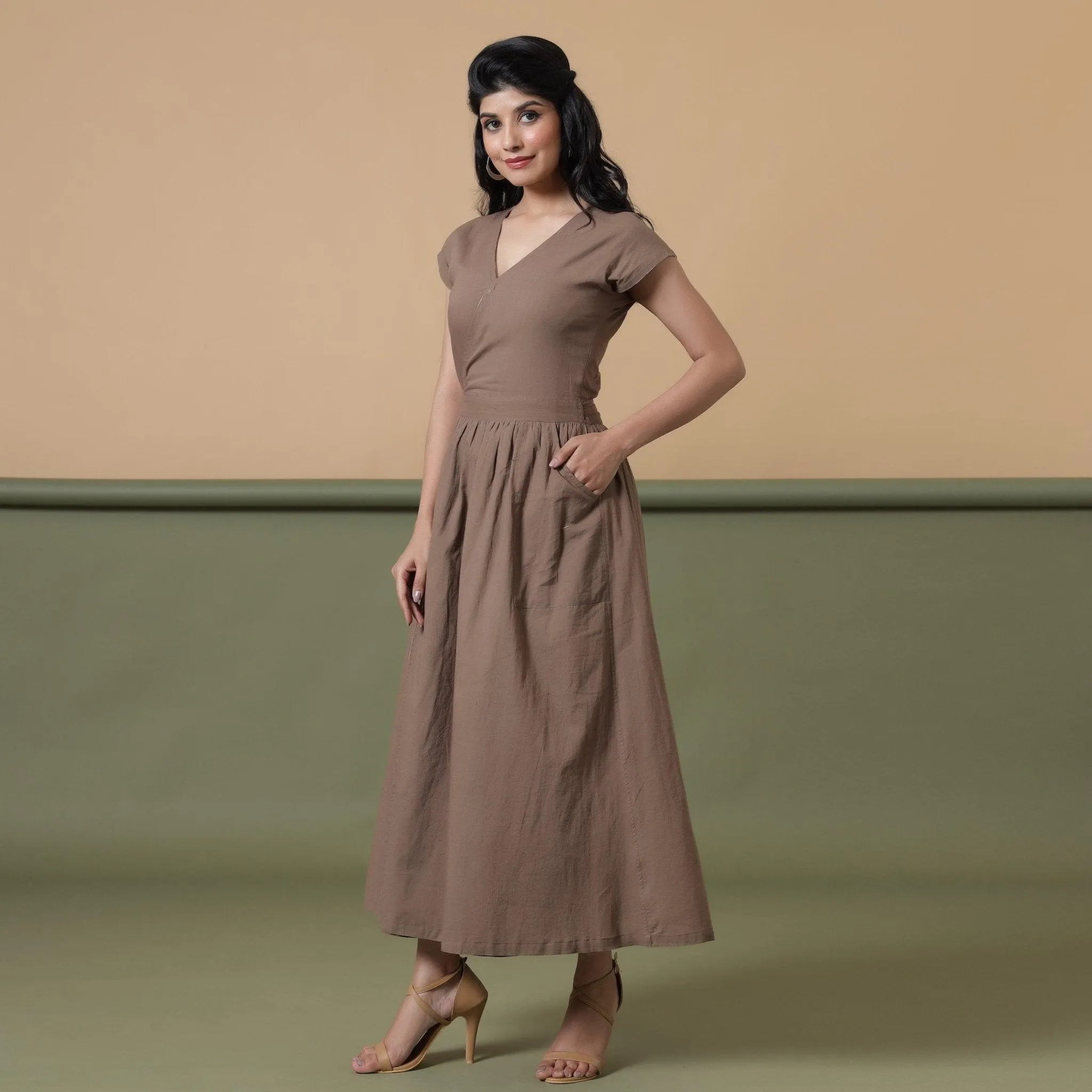 Reversible Taupe Tie-Dye Cotton V-Neck Maxi Wrap Dress