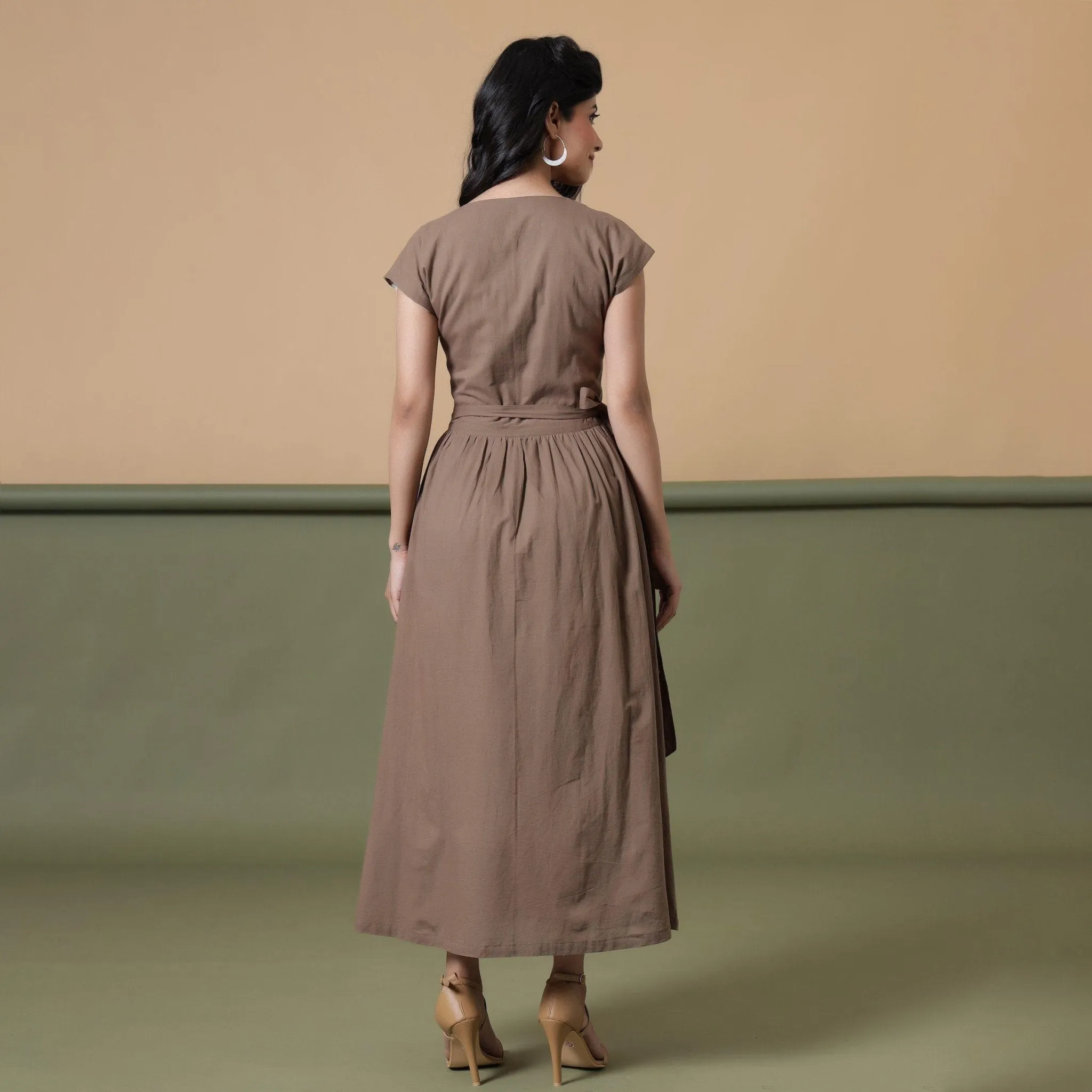 Reversible Taupe Tie-Dye Cotton V-Neck Maxi Wrap Dress