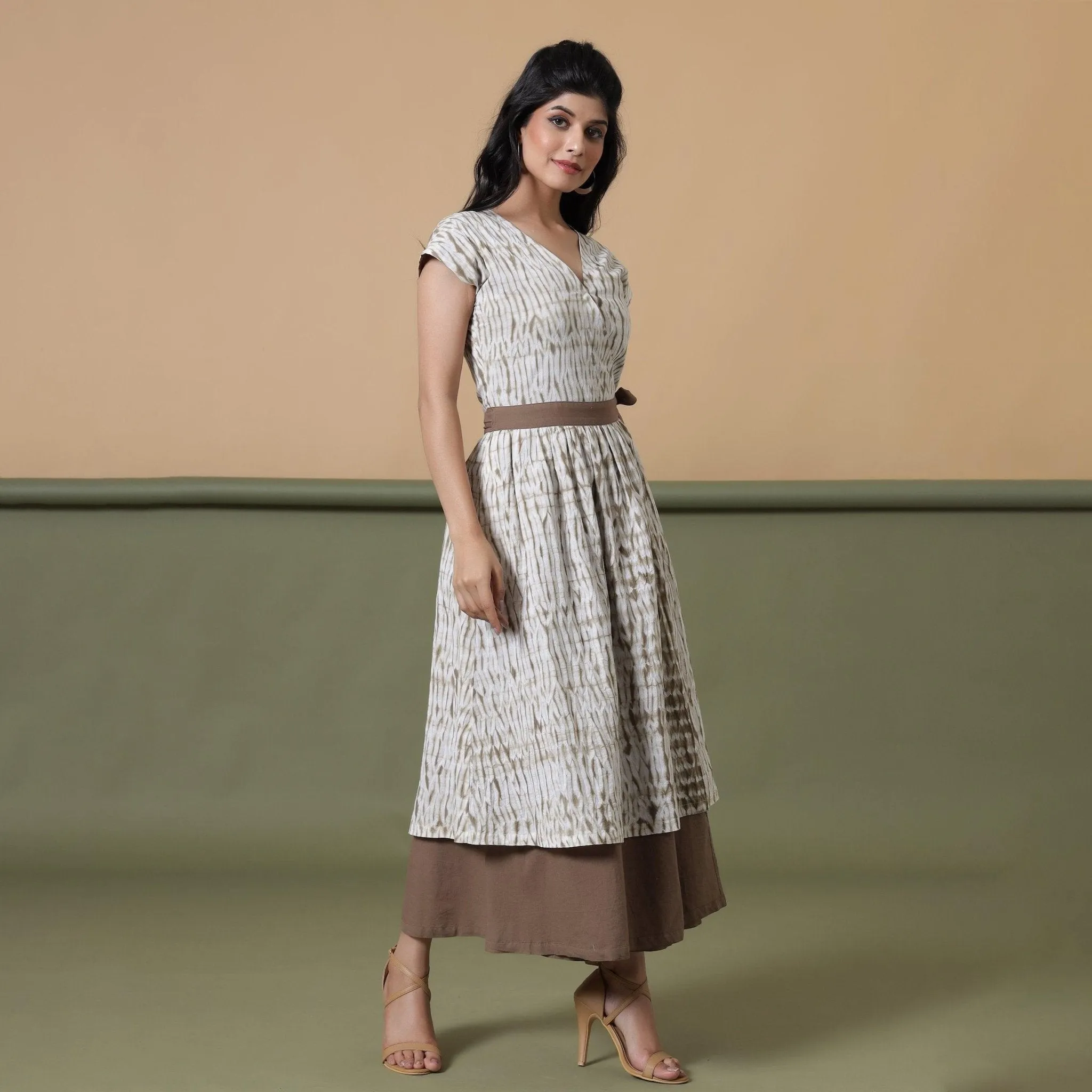 Reversible Taupe Tie-Dye Cotton V-Neck Maxi Wrap Dress