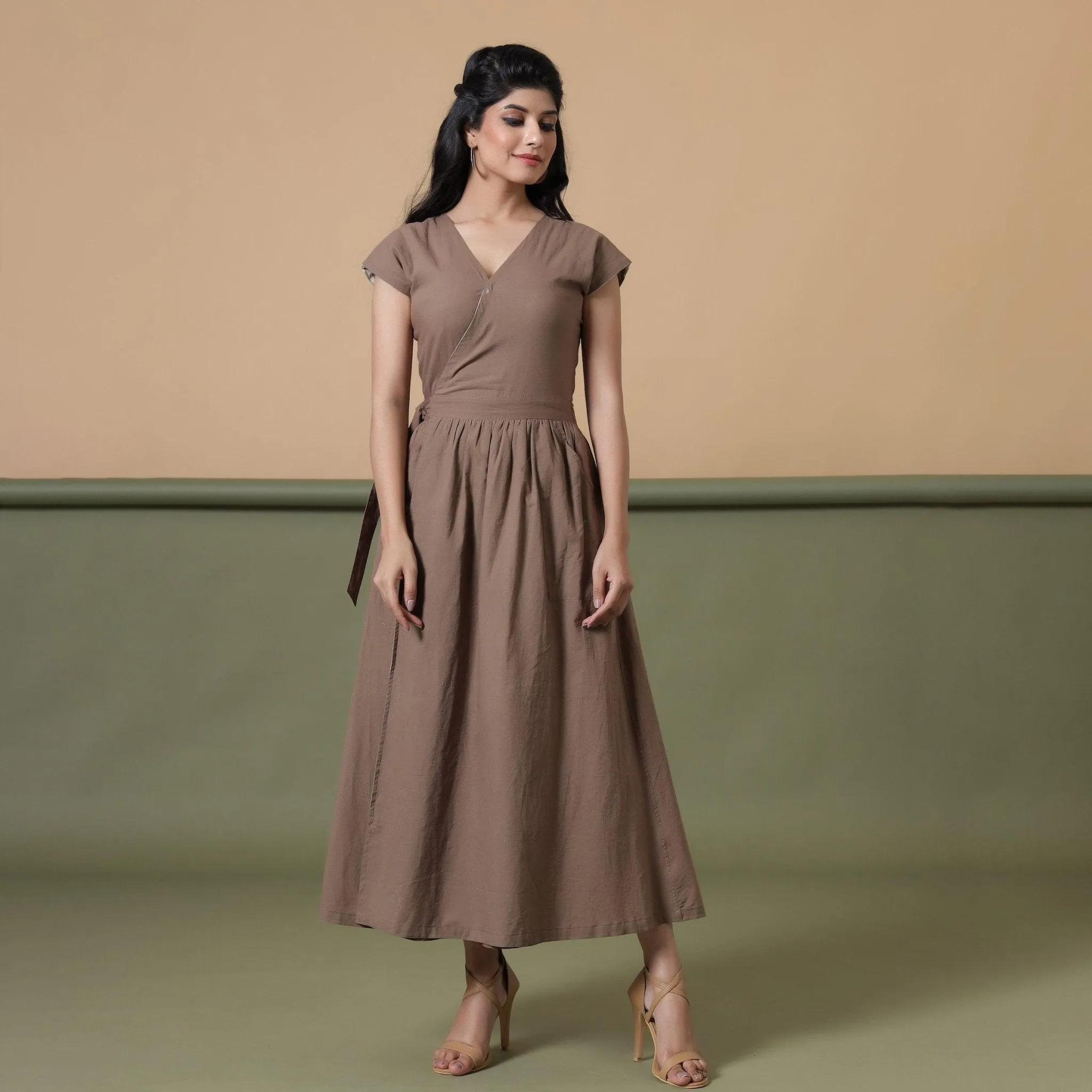 Reversible Taupe Tie-Dye Cotton V-Neck Maxi Wrap Dress