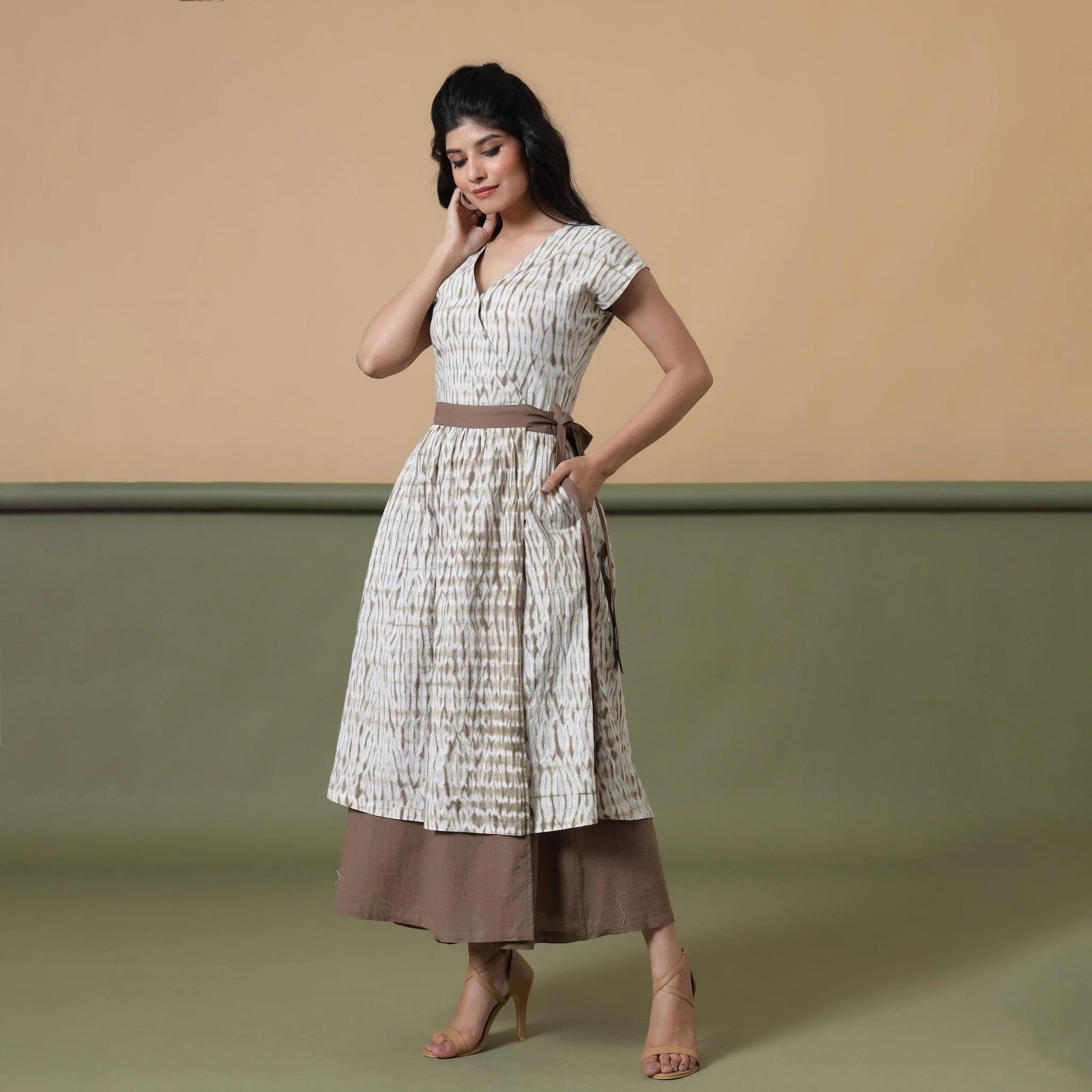 Reversible Taupe Tie-Dye Cotton V-Neck Maxi Wrap Dress