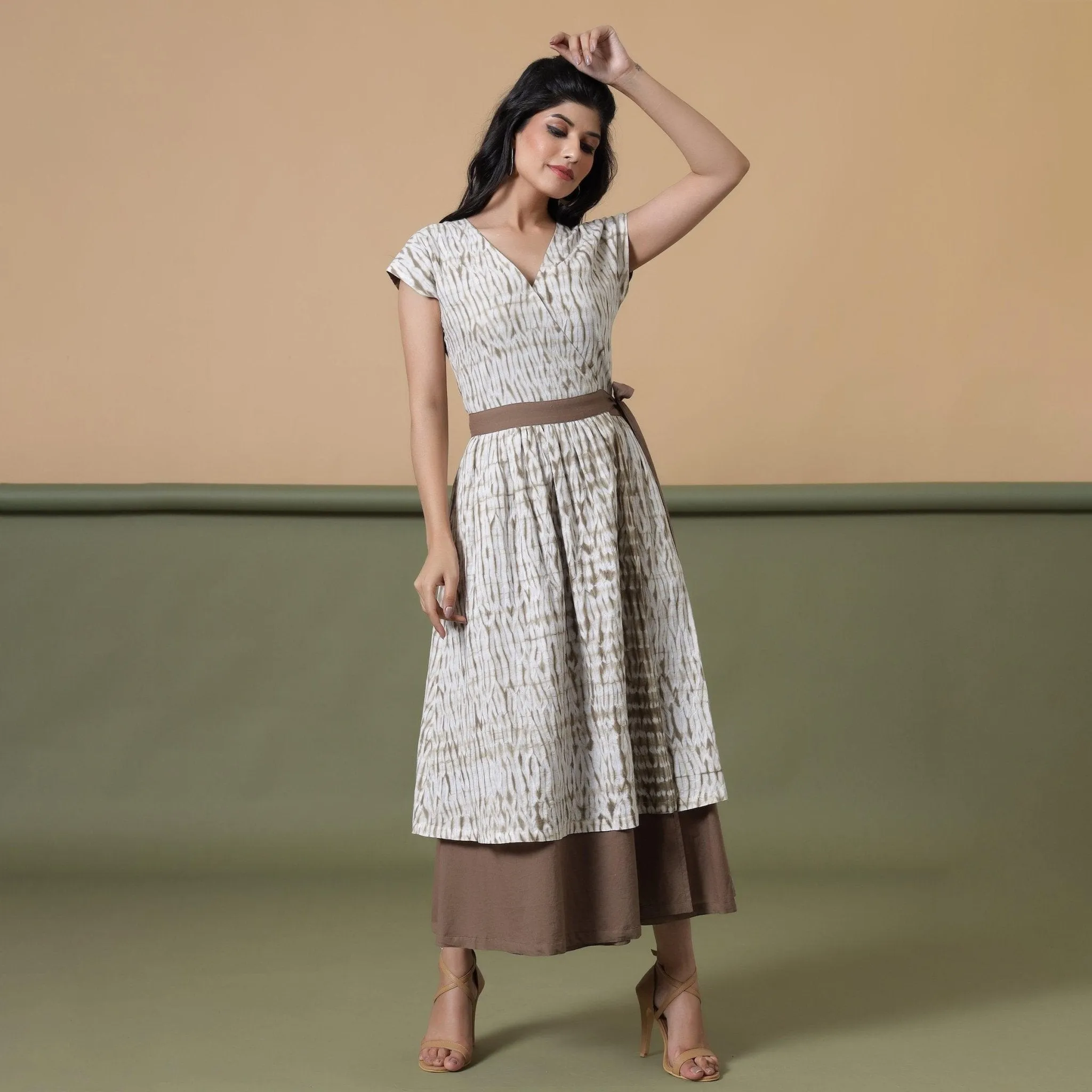 Reversible Taupe Tie-Dye Cotton V-Neck Maxi Wrap Dress
