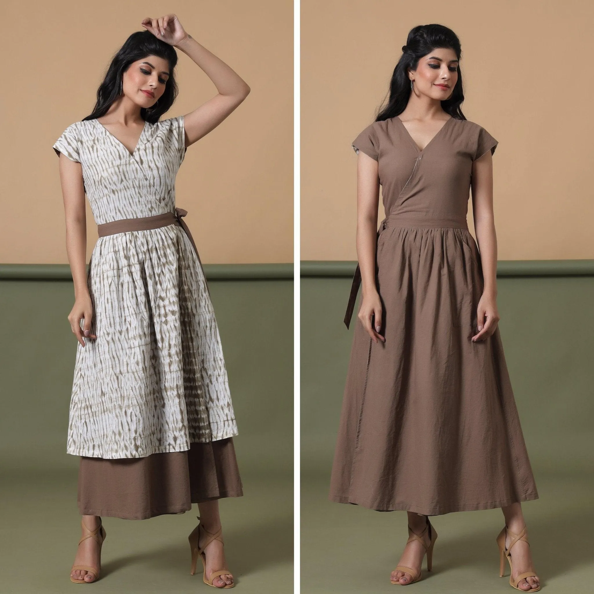 Reversible Taupe Tie-Dye Cotton V-Neck Maxi Wrap Dress