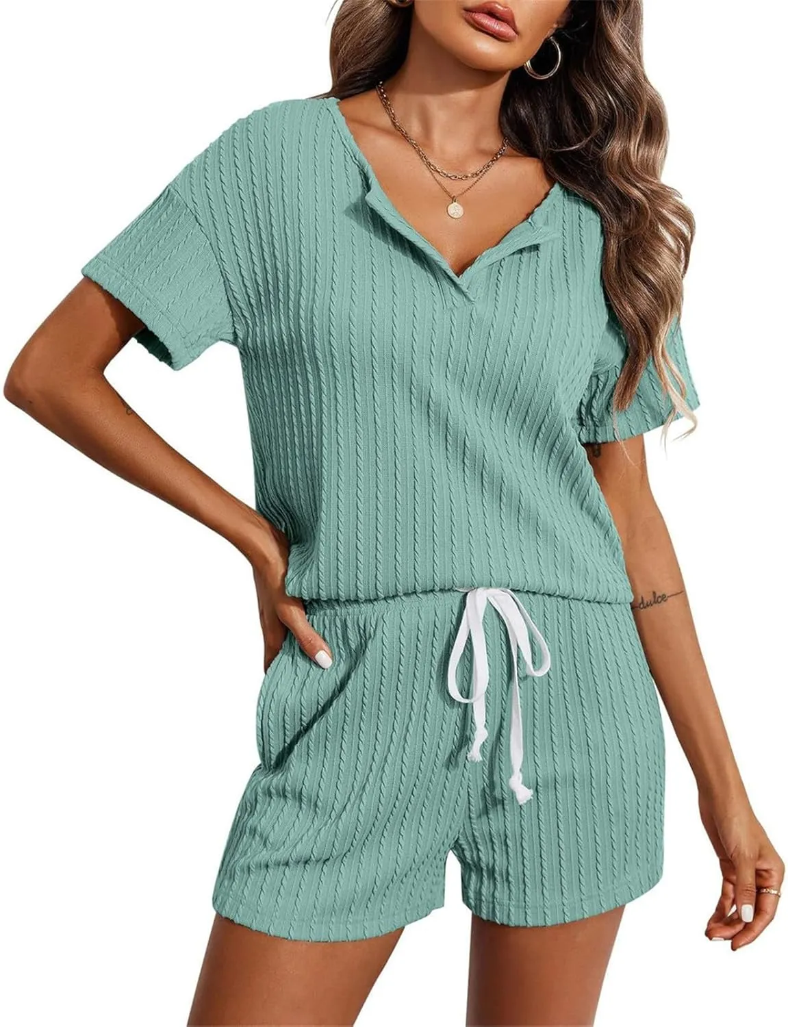 Ribbed Knit Lounge Sets for Women 2 Piece Outfits Short Sleeve Top and Shorts Pajama Sets Tracksuit Lounge Sweatsuits