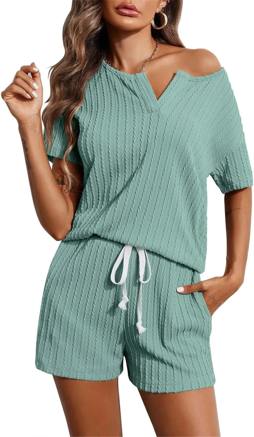 Ribbed Knit Lounge Sets for Women 2 Piece Outfits Short Sleeve Top and Shorts Pajama Sets Tracksuit Lounge Sweatsuits