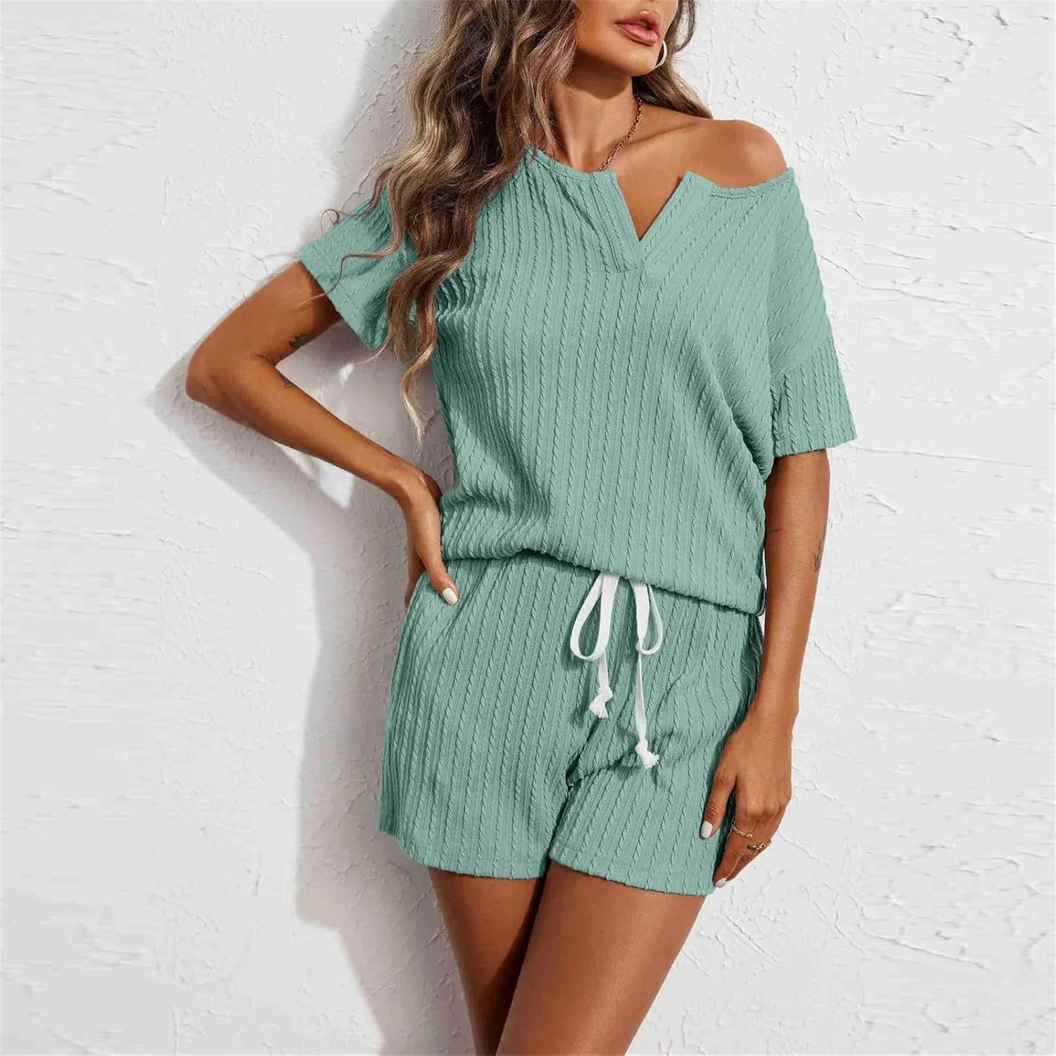 Ribbed Knit Lounge Sets for Women 2 Piece Outfits Short Sleeve Top and Shorts Pajama Sets Tracksuit Lounge Sweatsuits
