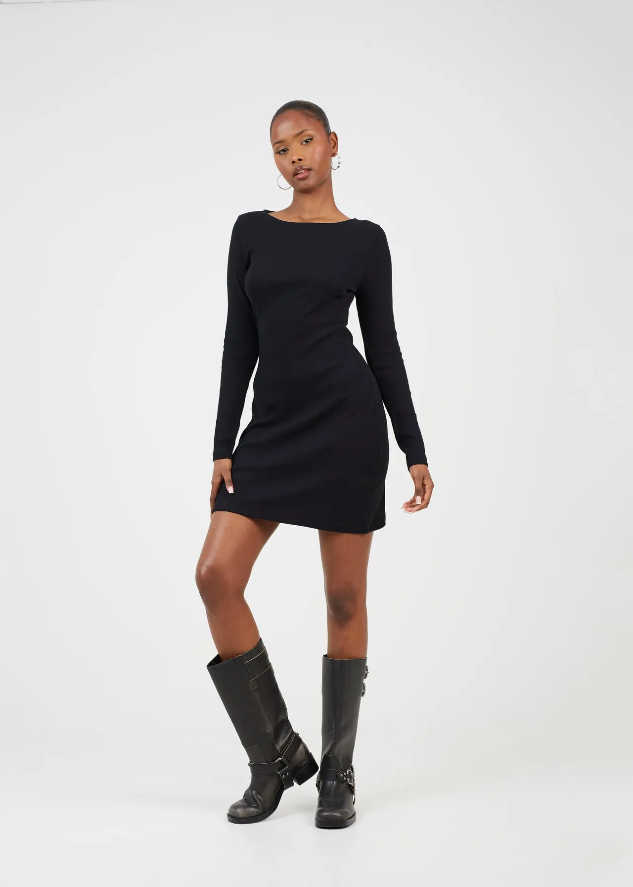 RIBBED LONG SLEEVE MINI DRESS