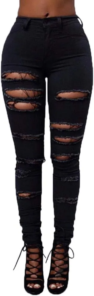 Ripped Jeans for Women, Women Stretchy Ripped Distressed Straight Leg Boyfriend Skinny Jeans