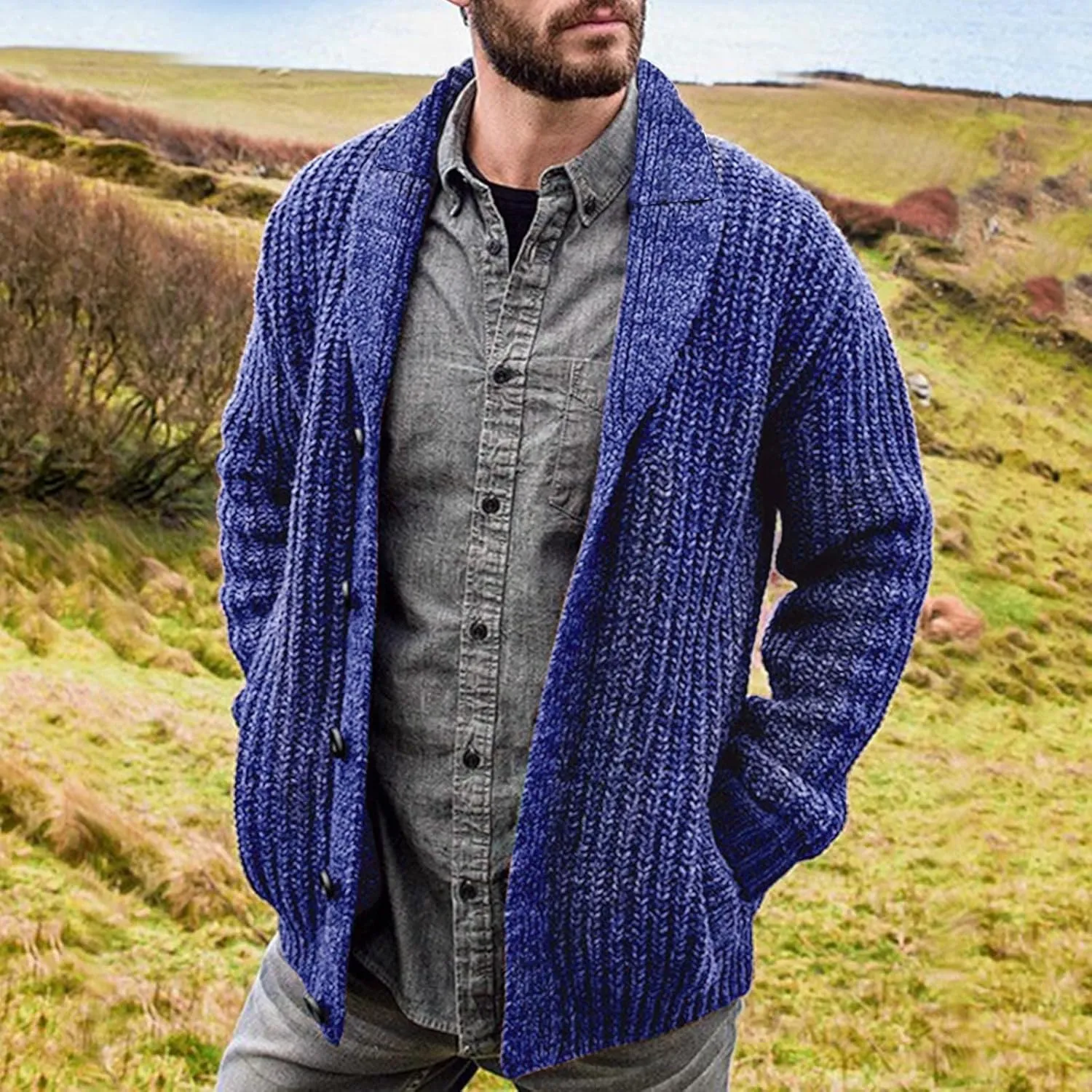 RTRDE Mens Dress Sweater Casual Long Sleeve Shawl Collar Buttons Down Cable Knit Cardigan Sweater Mens, XXL-5XL