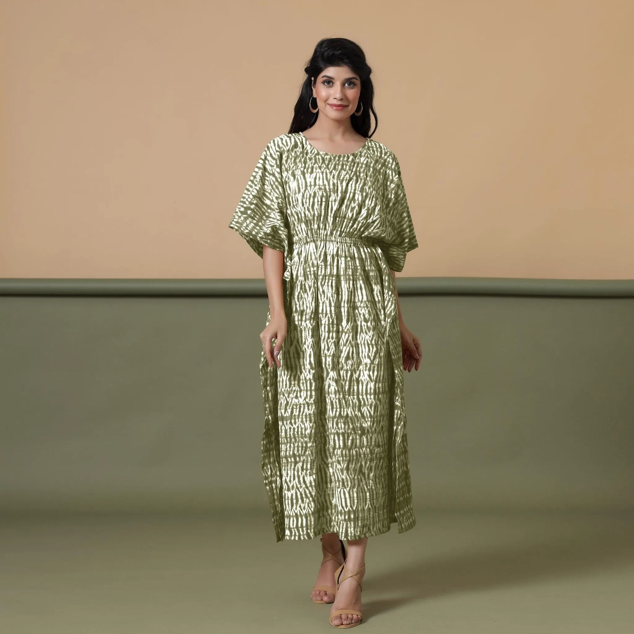Sage Green Shibori Tie-Dye Cotton Kaftan Maxi Dress