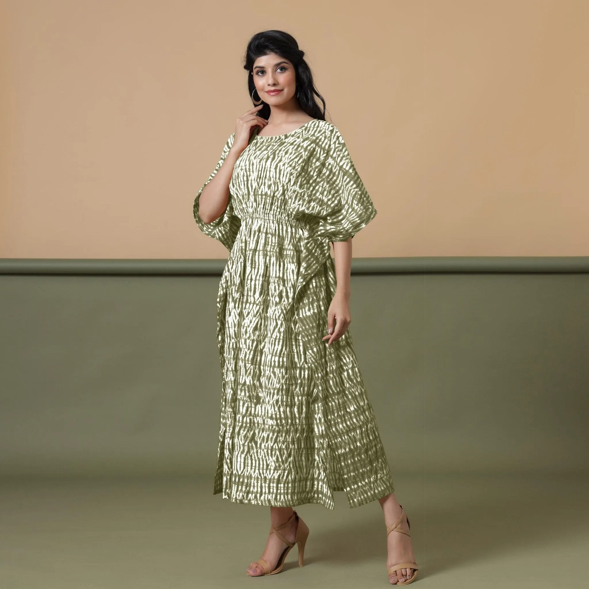 Sage Green Shibori Tie-Dye Cotton Kaftan Maxi Dress