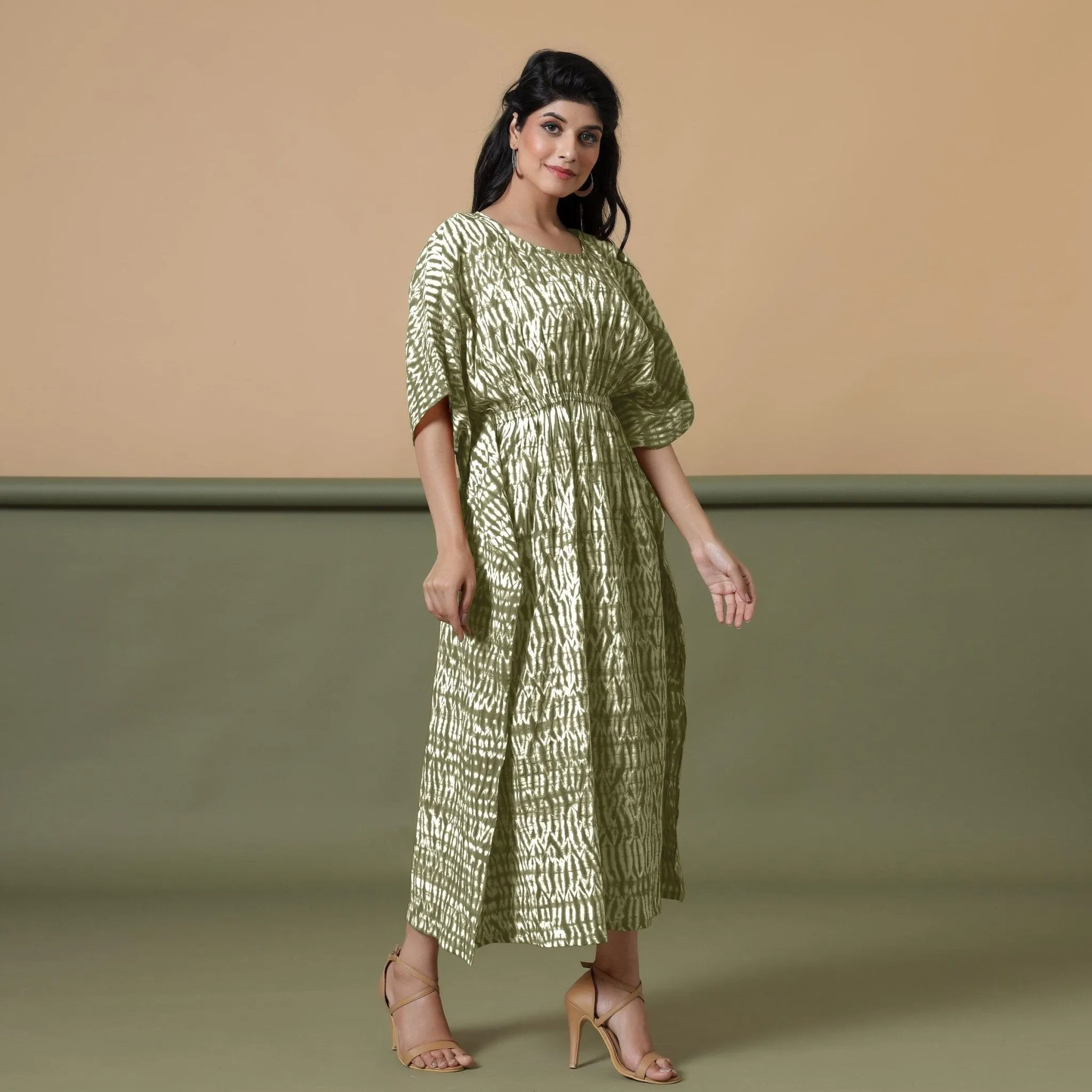 Sage Green Shibori Tie-Dye Cotton Kaftan Maxi Dress