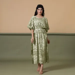 Sage Green Shibori Tie-Dye Cotton Kaftan Maxi Dress