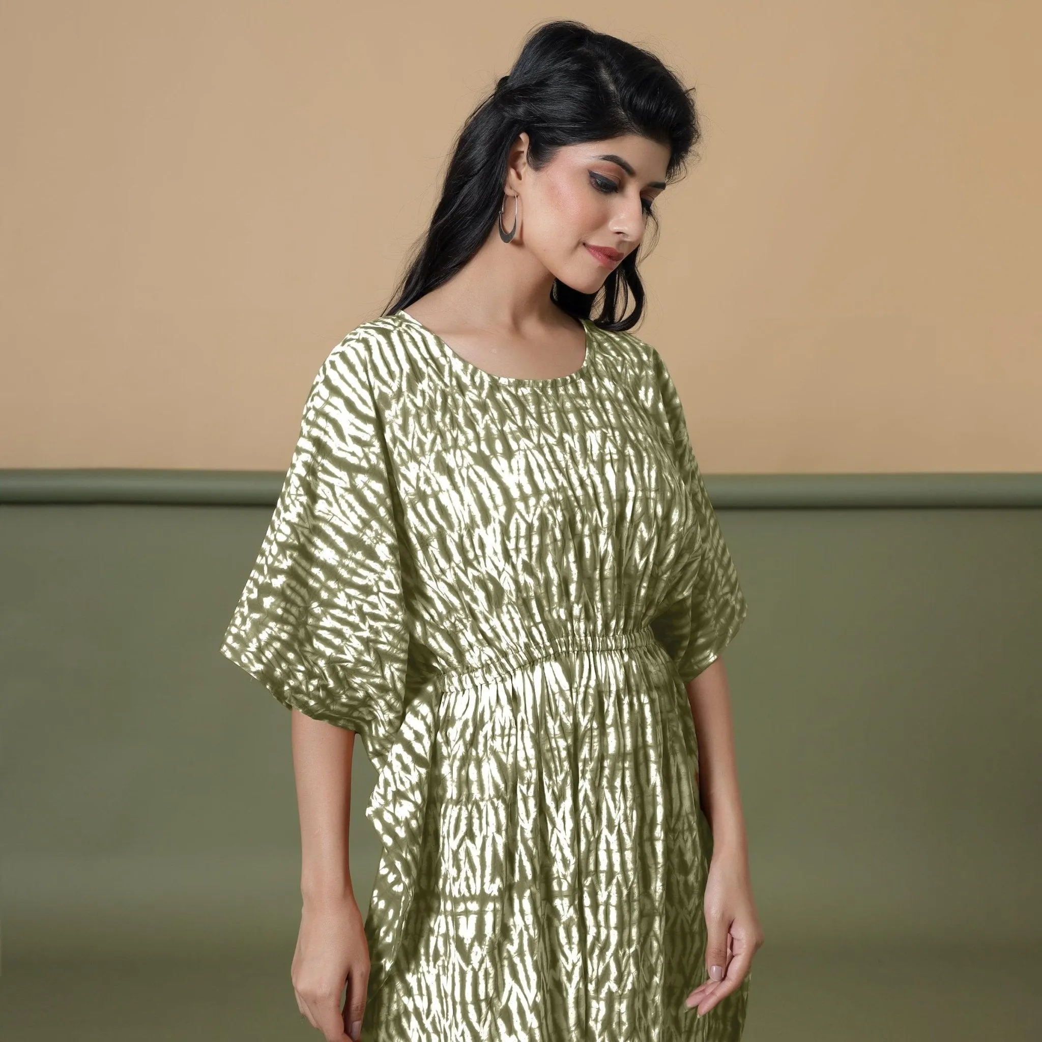 Sage Green Shibori Tie-Dye Cotton Kaftan Maxi Dress