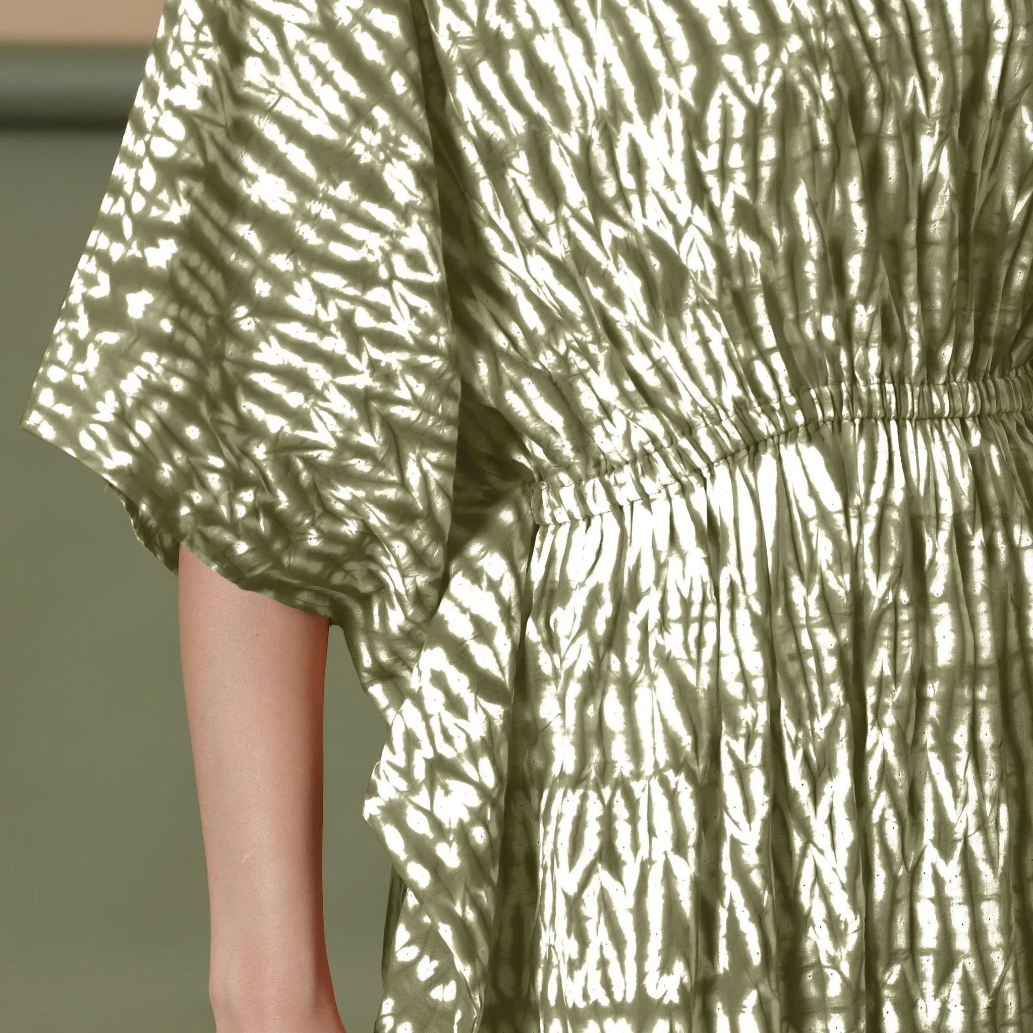 Sage Green Shibori Tie-Dye Cotton Kaftan Maxi Dress