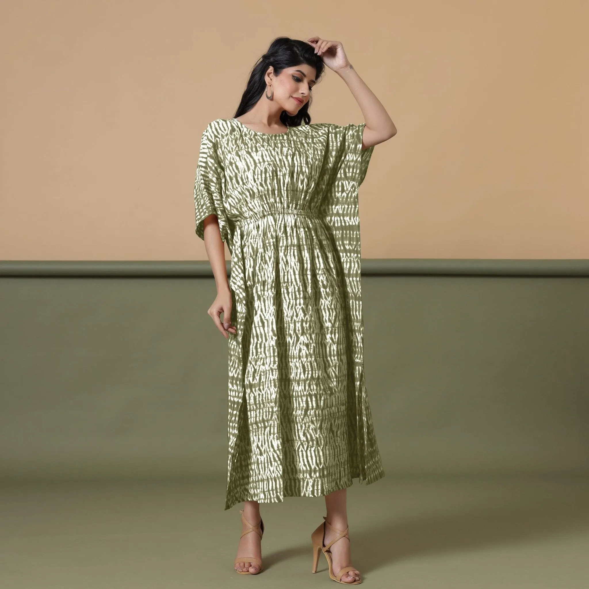 Sage Green Shibori Tie-Dye Cotton Kaftan Maxi Dress