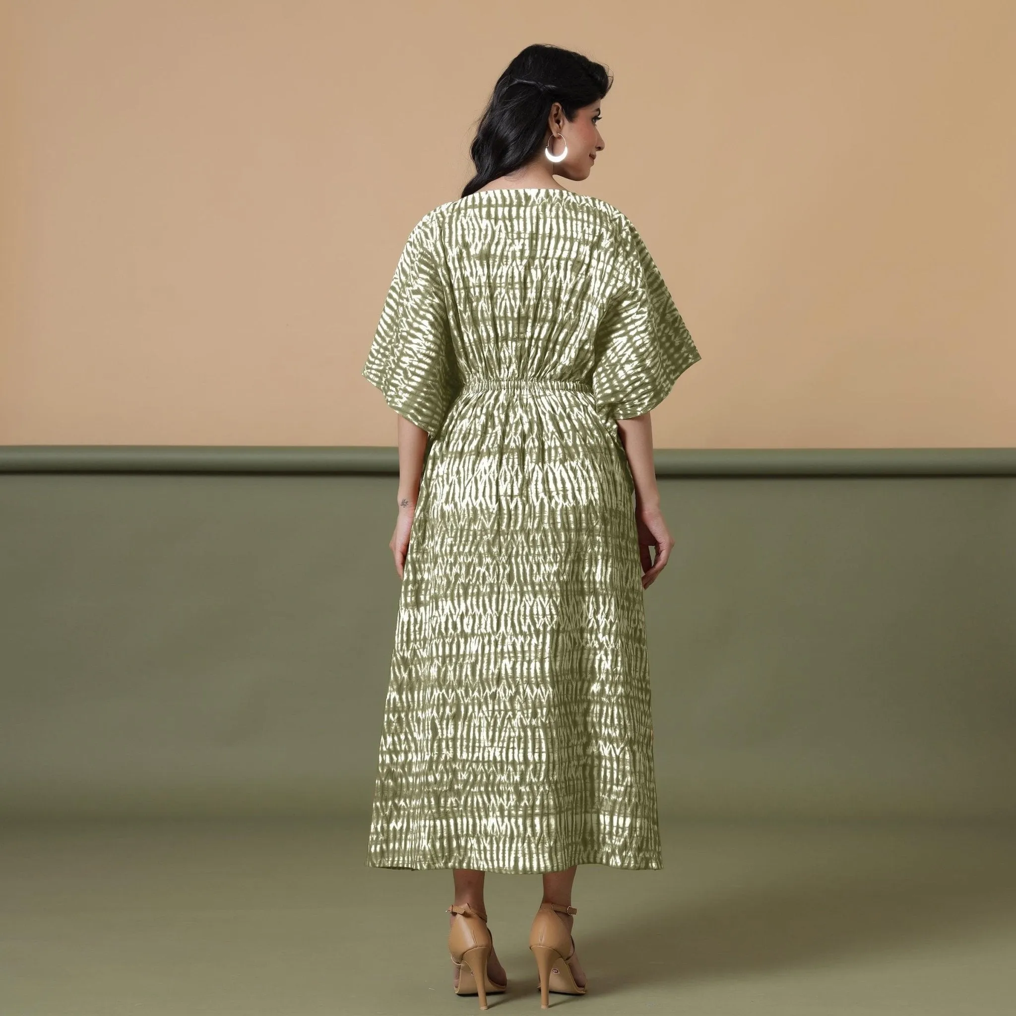 Sage Green Shibori Tie-Dye Cotton Kaftan Maxi Dress