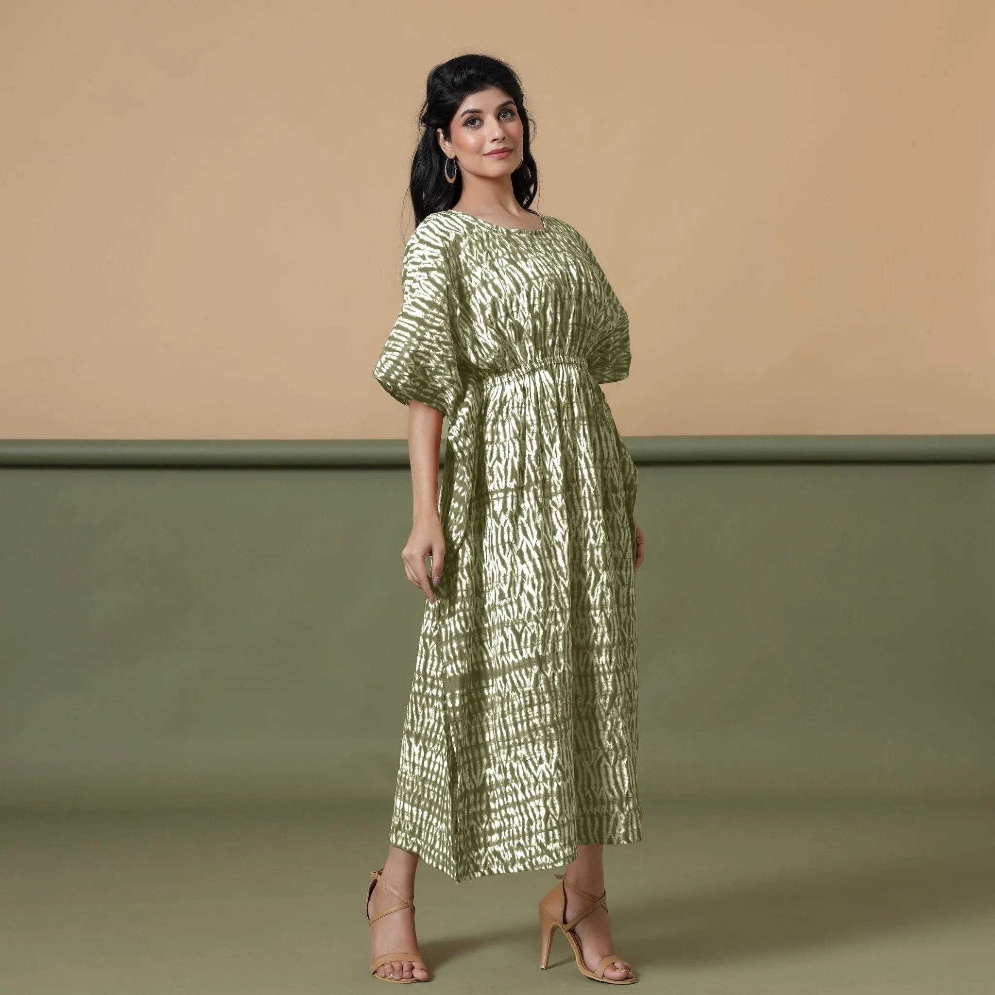 Sage Green Shibori Tie-Dye Cotton Kaftan Maxi Dress