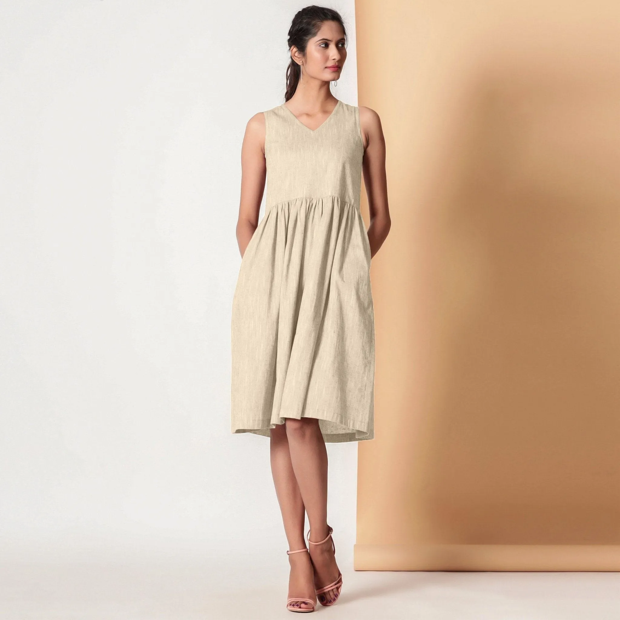 Sand Beige 100% Cotton V-Neck Yoked Midi Dress