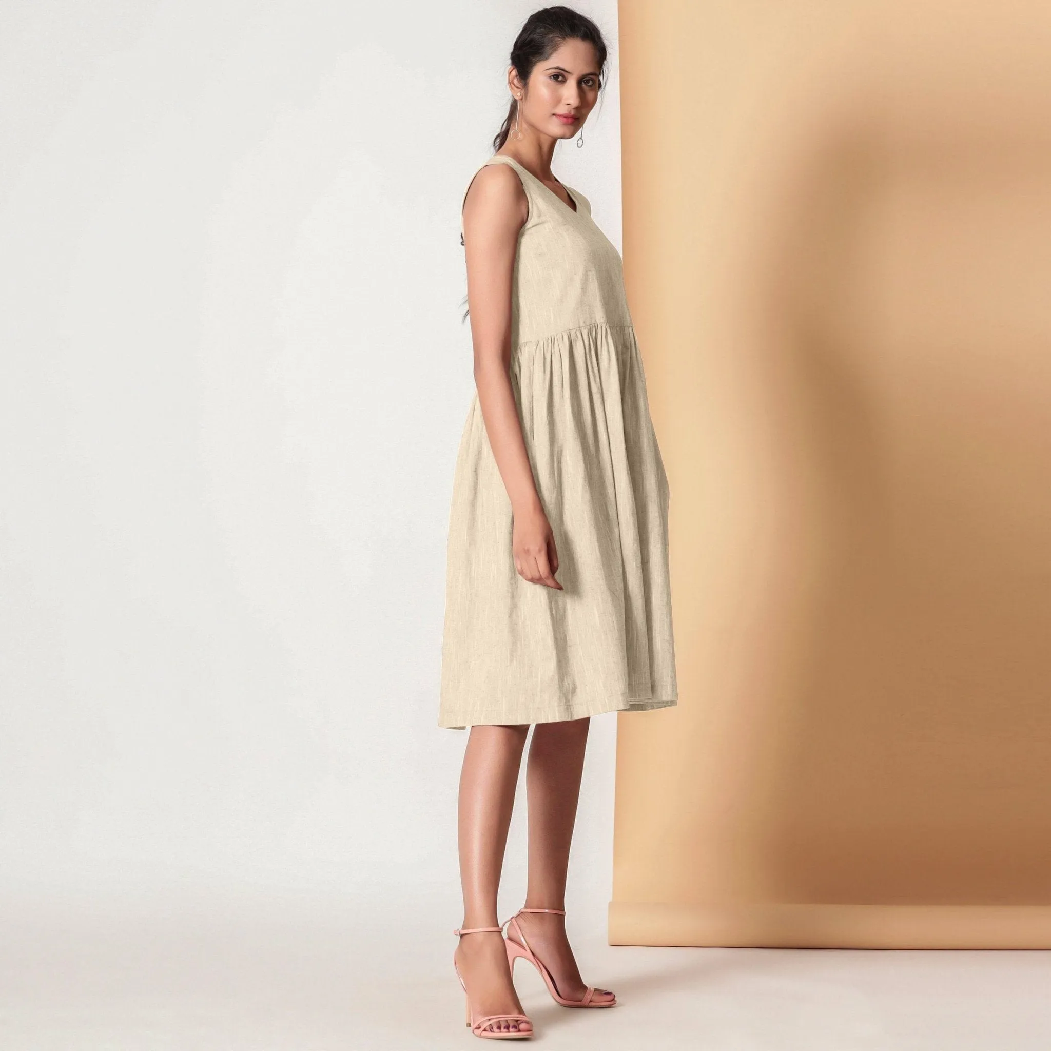 Sand Beige 100% Cotton V-Neck Yoked Midi Dress