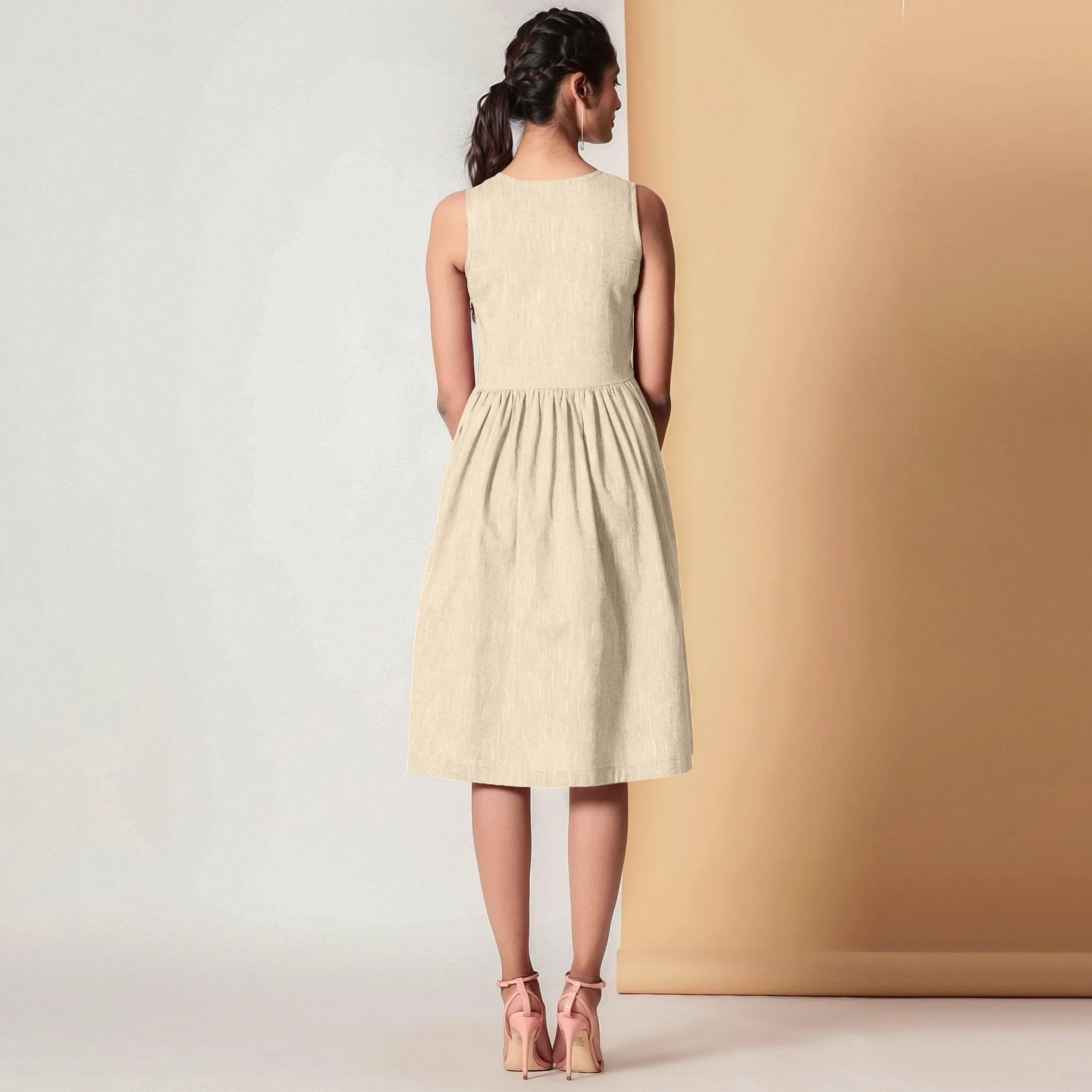 Sand Beige 100% Cotton V-Neck Yoked Midi Dress